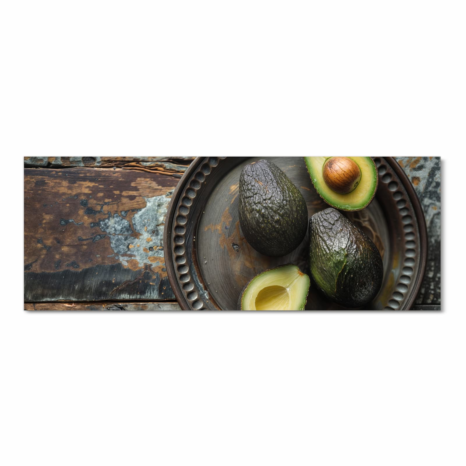 Geräuschdämpfender Küchenteppich mit Motiv Avocados Holzteller in Frontansicht