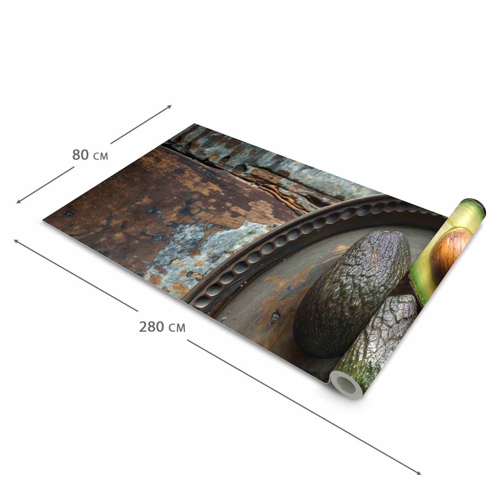 Pflegeleichter Küchenläufer mit Motiv Avocados Holzteller in der Grösse 60x150 cm