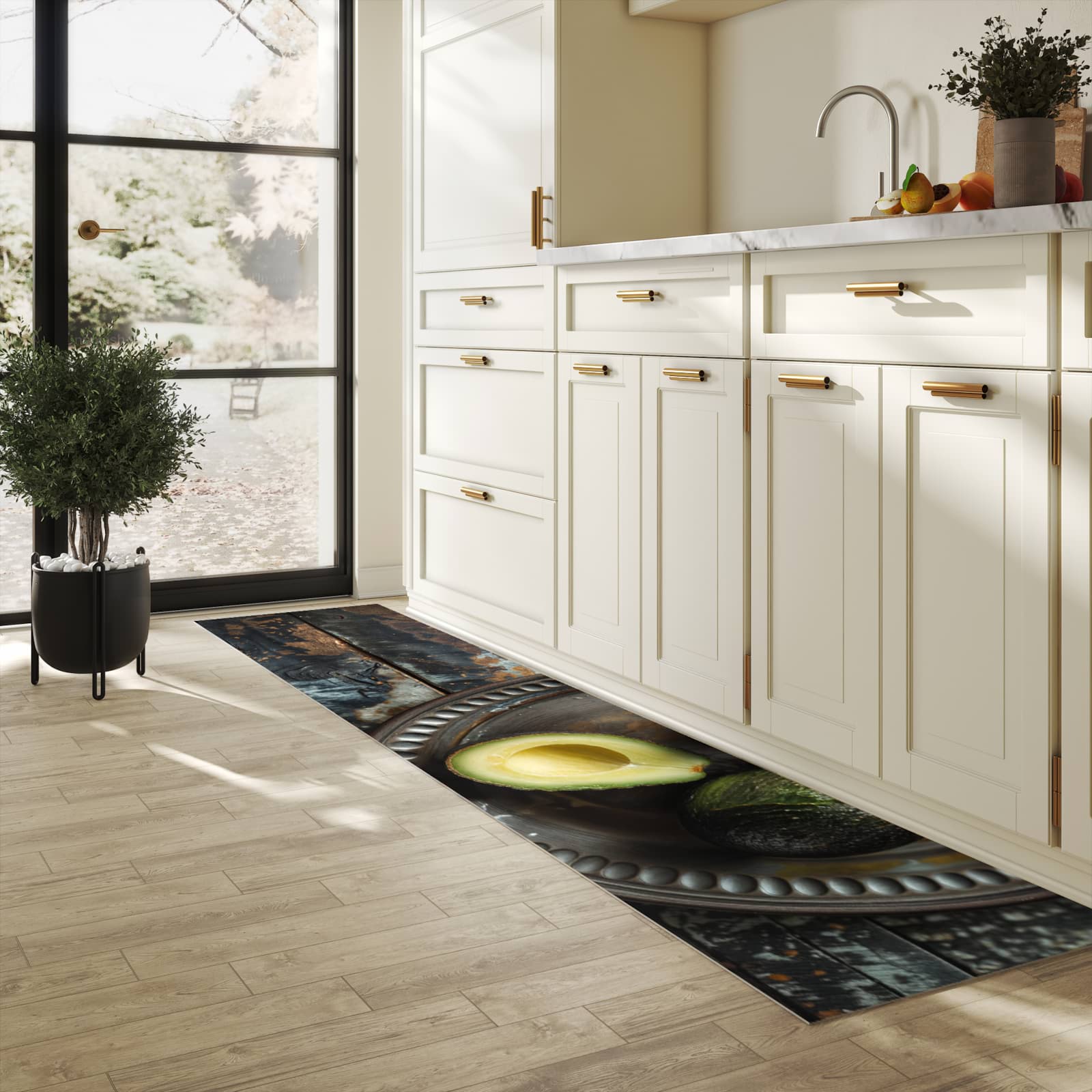 Komfortabler rutschfester Küchenläufer mit Motiv Avocados Holzteller in heller Küche