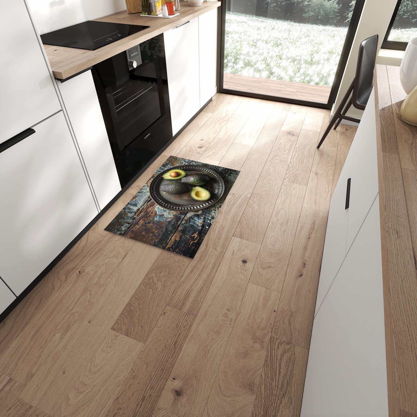 Flacher Küchenläufer mit Motiv Avocados Holzteller in moderner Küche