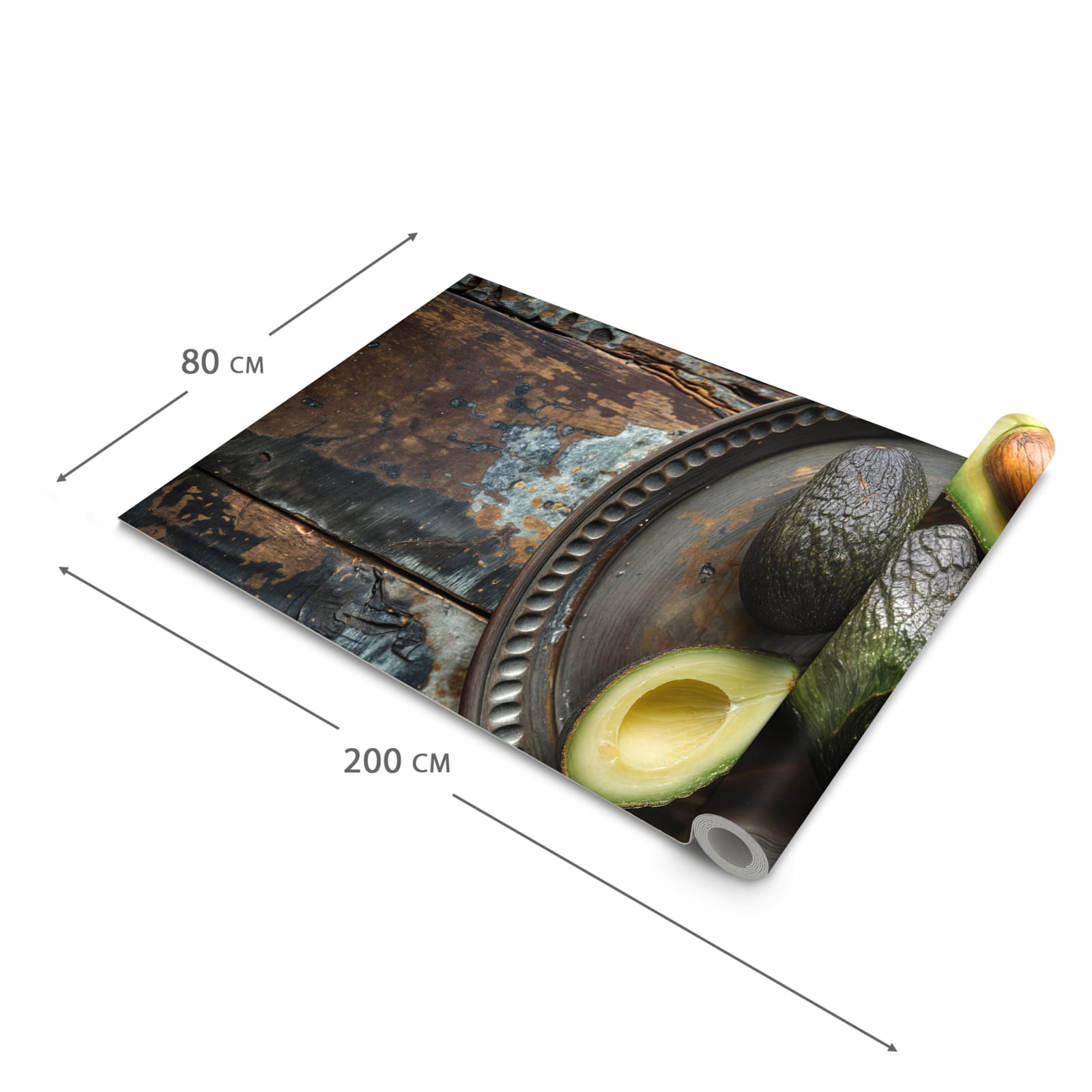 Komfortabler waschbarer Küchenteppich mit Motiv Avocados Holzteller in der Grösse 60x150 cm