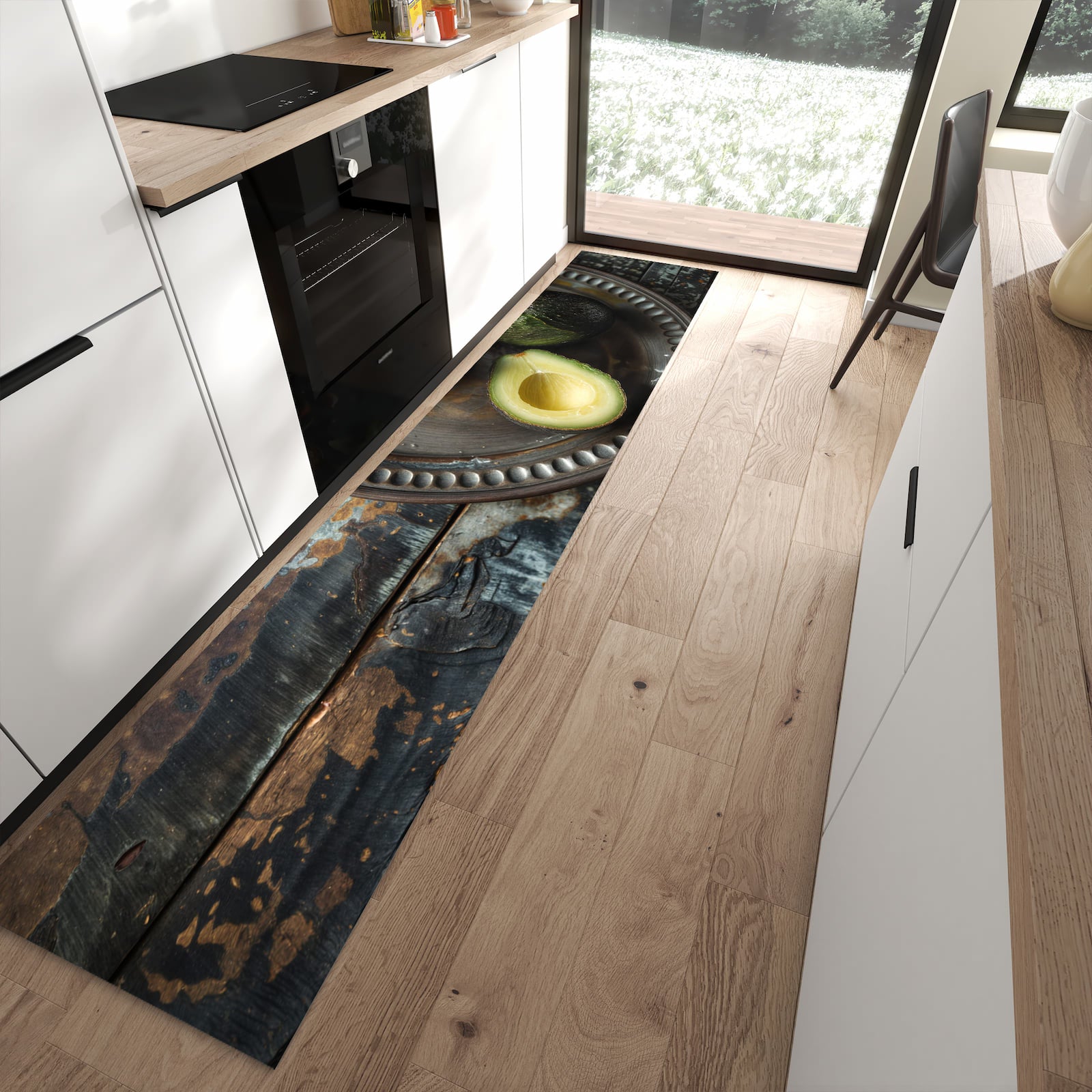 Langlebiger Küchenläufer mit Motiv Avocados Holzteller in moderner Küche