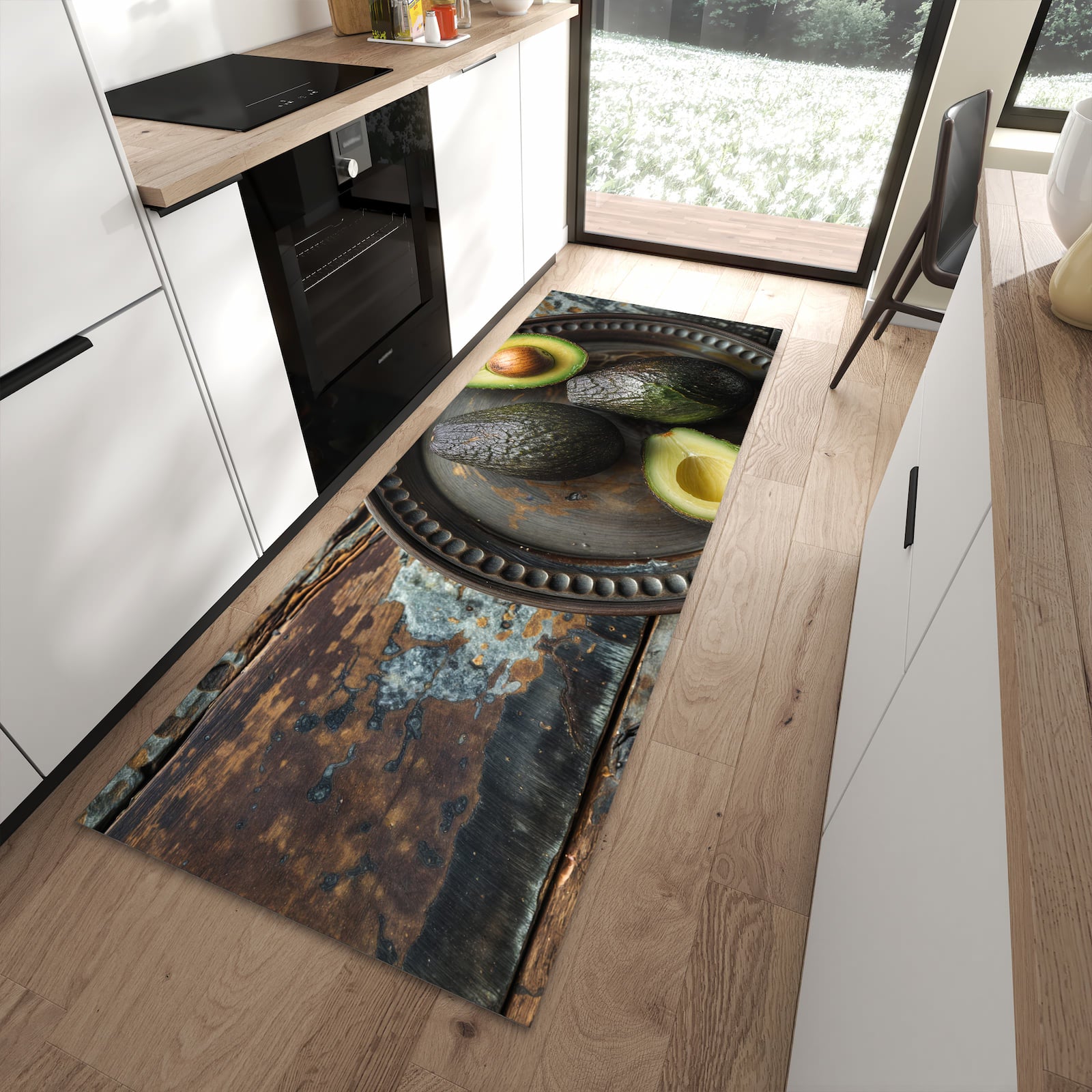 Waschbarer Küchenteppich mit Motiv Avocados Holzteller in moderner Küche
