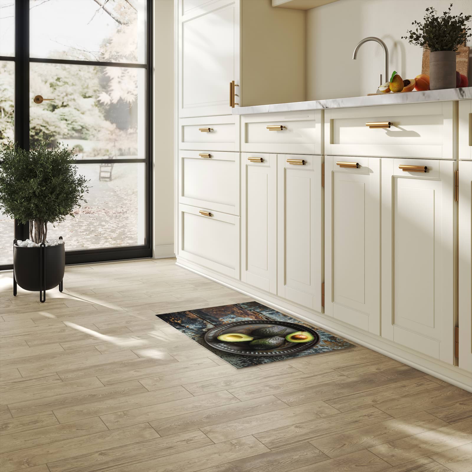 Rutschfester Küchenläufer mit Motiv Avocados Holzteller in heller Küche
