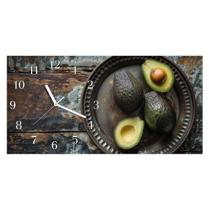 Wanduhr Avocados Holzteller aus Glas – Querformat 60 × 30 cm mit Ziffernblatt Klassisch