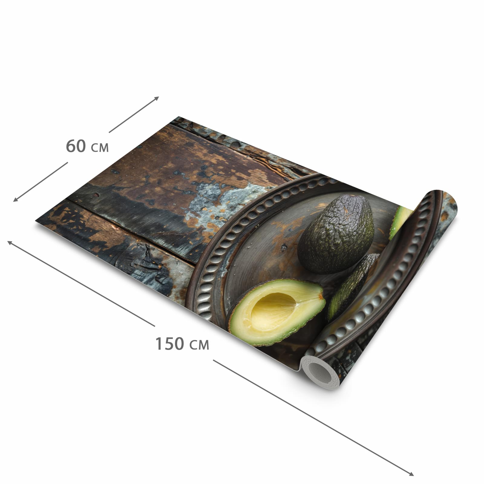 Fleckenresistenter Küchenteppich mit Motiv Avocados Holzteller in der Grösse 60x120 cm
