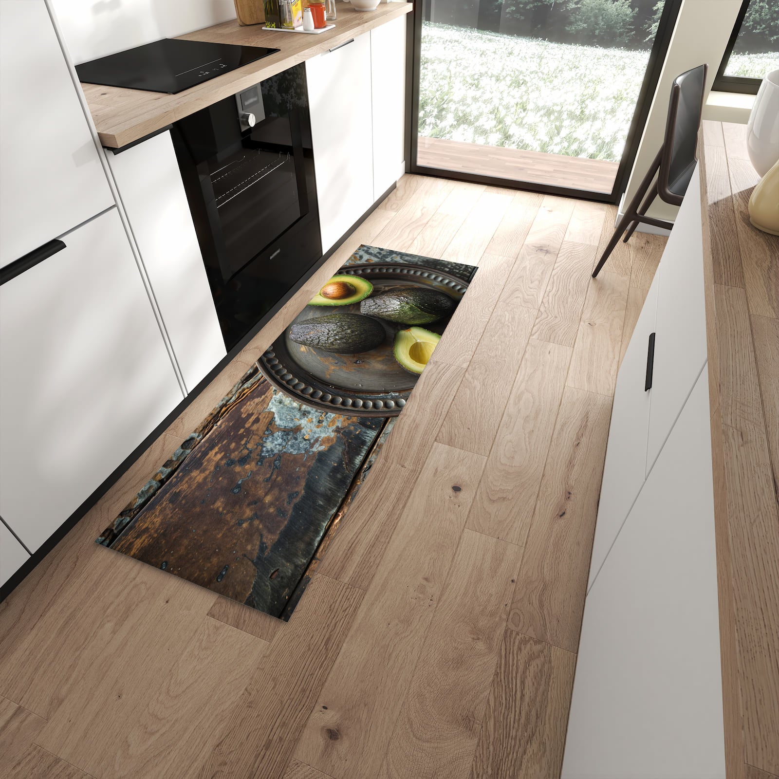 Fleckenresistenter Küchenteppich mit Motiv Avocados Holzteller in moderner Küche