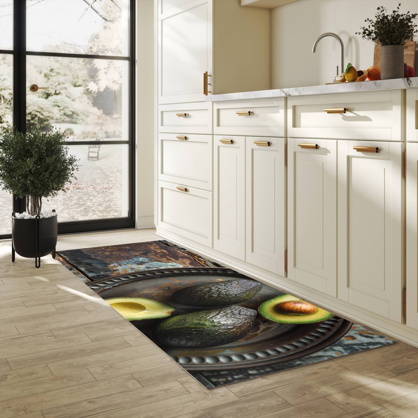 Langlebiger Küchenläufer mit Motiv Avocados Holzteller in heller Küche