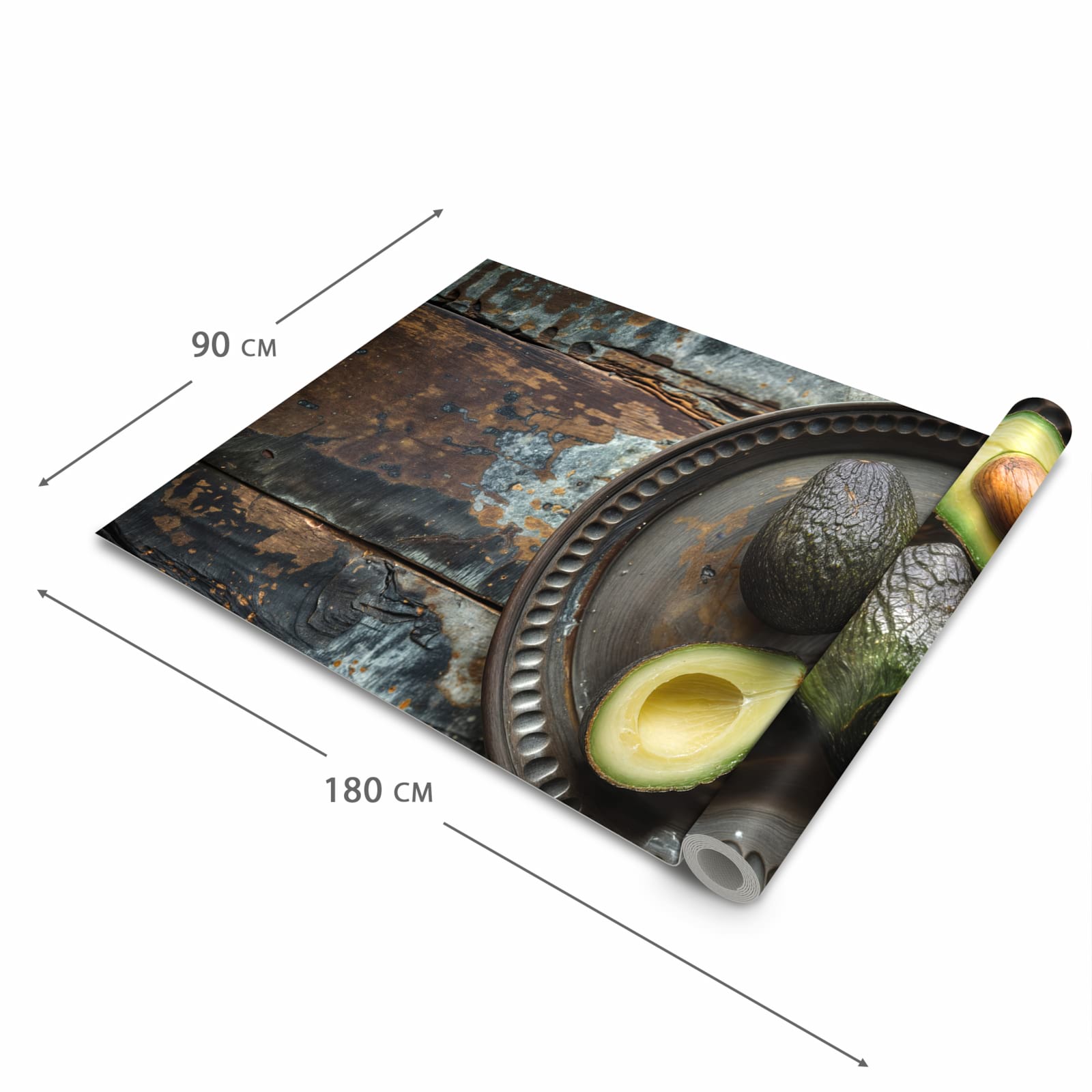 Hygienischer Küchenläufer mit Motiv Avocados Holzteller in der Grösse 60x150 cm