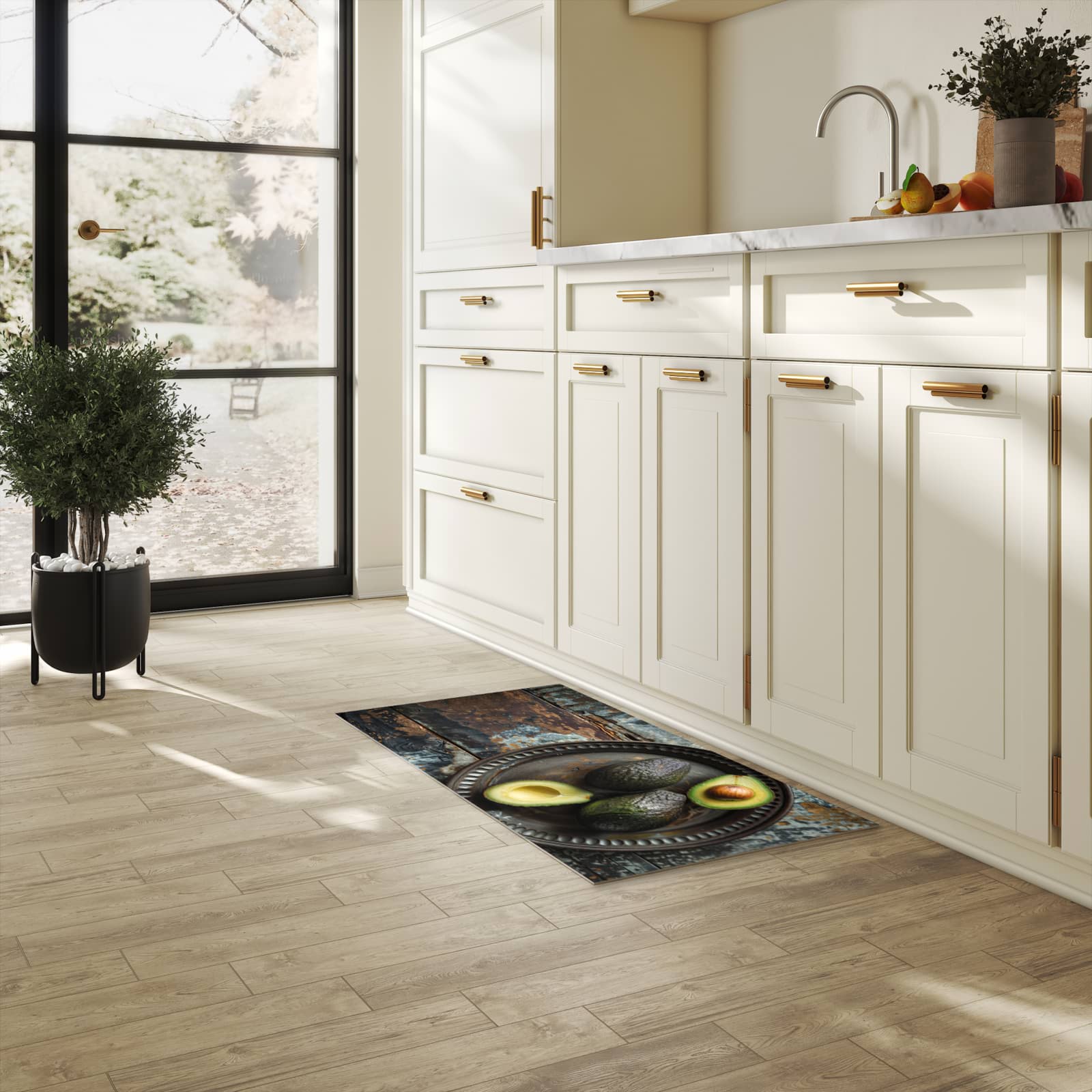 Schmutzabweisender Küchenläufer mit Motiv Avocados Holzteller in heller Küche