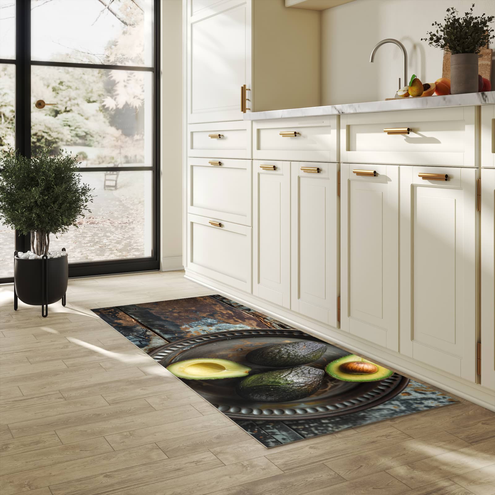 Pflegeleichter Küchenläufer nach Maß mit Motiv Avocados Holzteller in heller Küche
