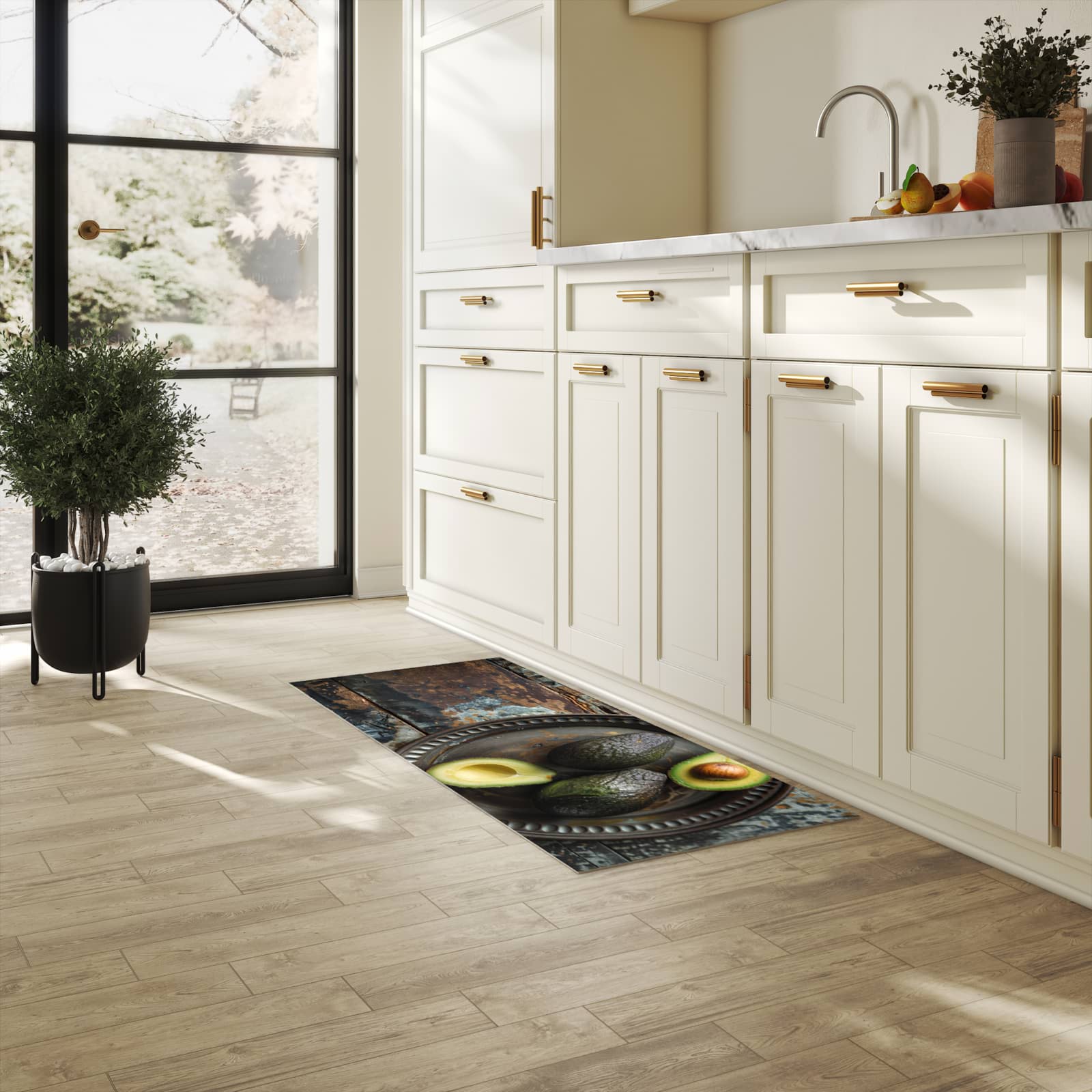 Geruchsneutraler rutschfester Küchenläufer mit Motiv Avocados Holzteller in heller Küche