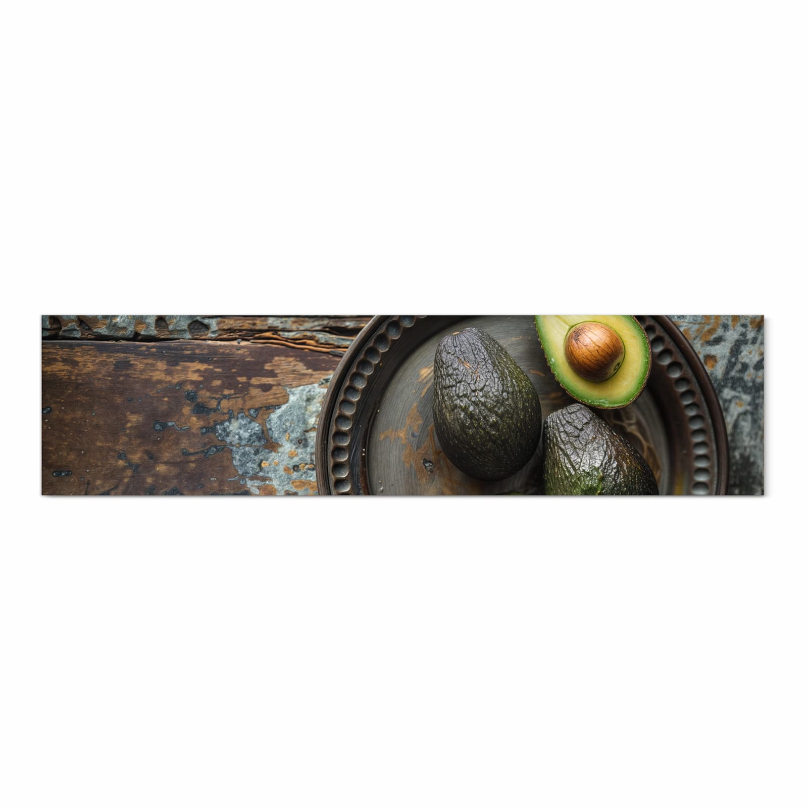 Bodenschonender Küchenläufer nach Maß mit Motiv Avocados Holzteller in Frontansicht