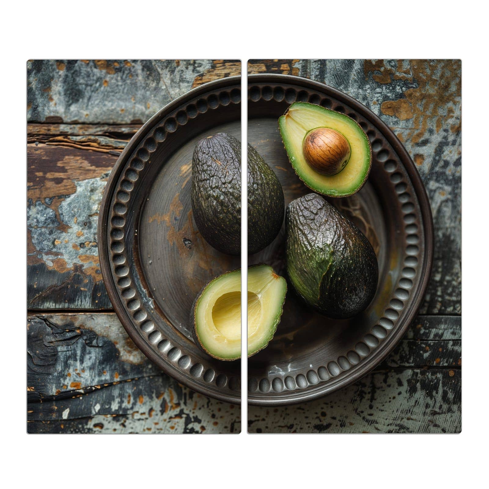 2-teilige Herdabdeckplatte für Ceranfeld mit Avocados Holzteller-Motiv in der Frontansicht #grösse_2-Teilig (60x52cm)