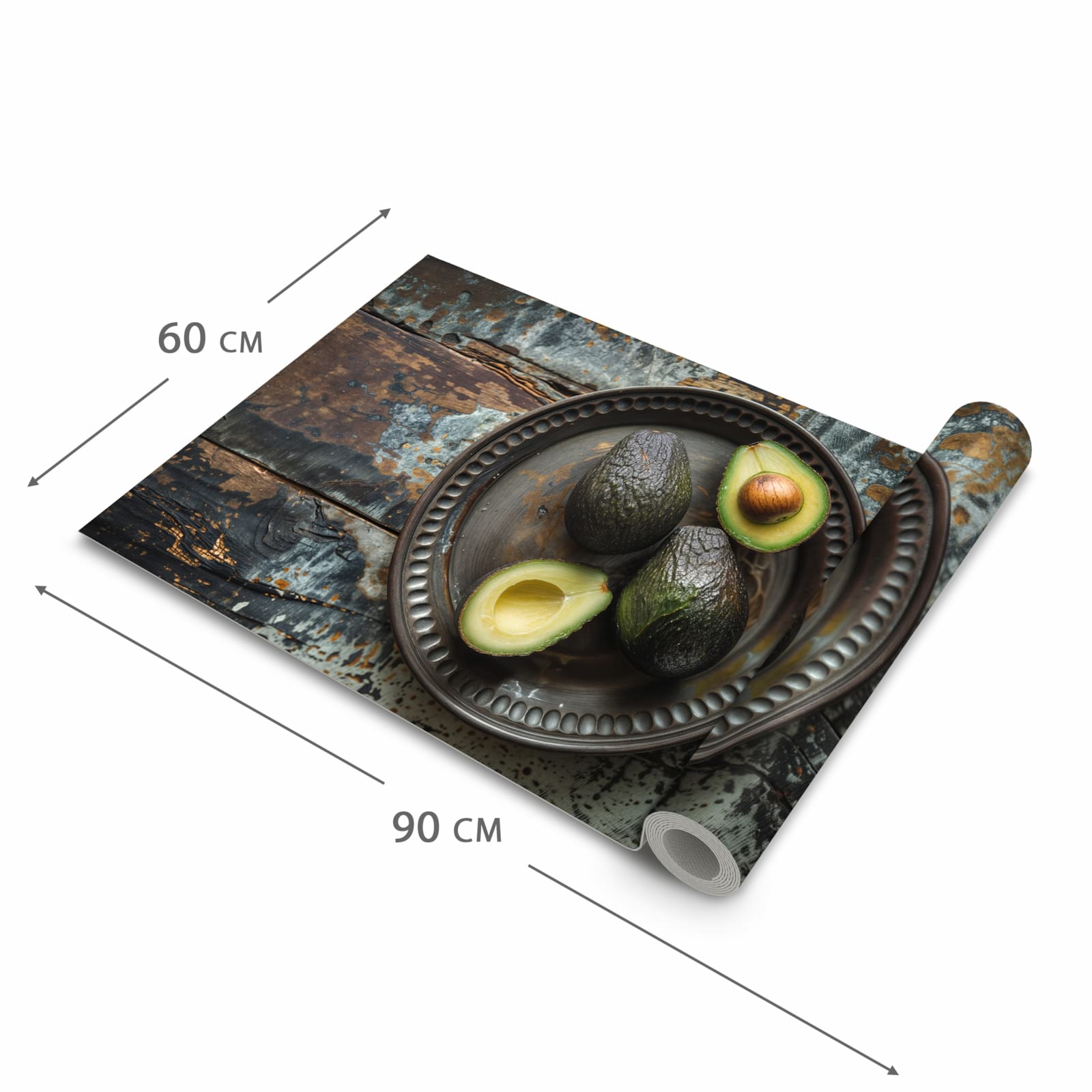 Pflegeleichter Küchenvorleger mit Motiv Avocados Holzteller in der Größe 60x150 cm