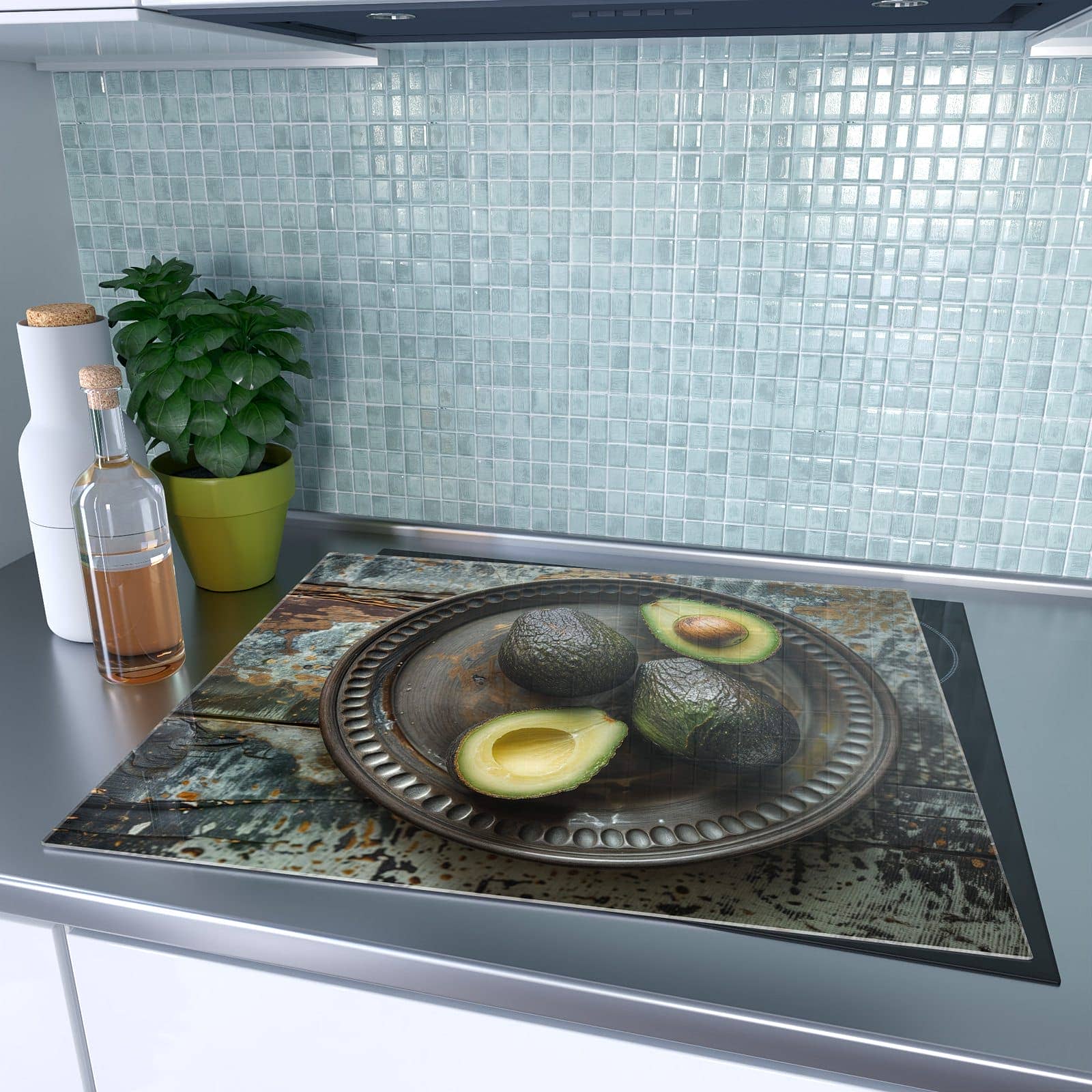 1-teilige Abdeckplatten für Ceranfeld mit Avocados Holzteller-Motiv auf dem Ceranfeld