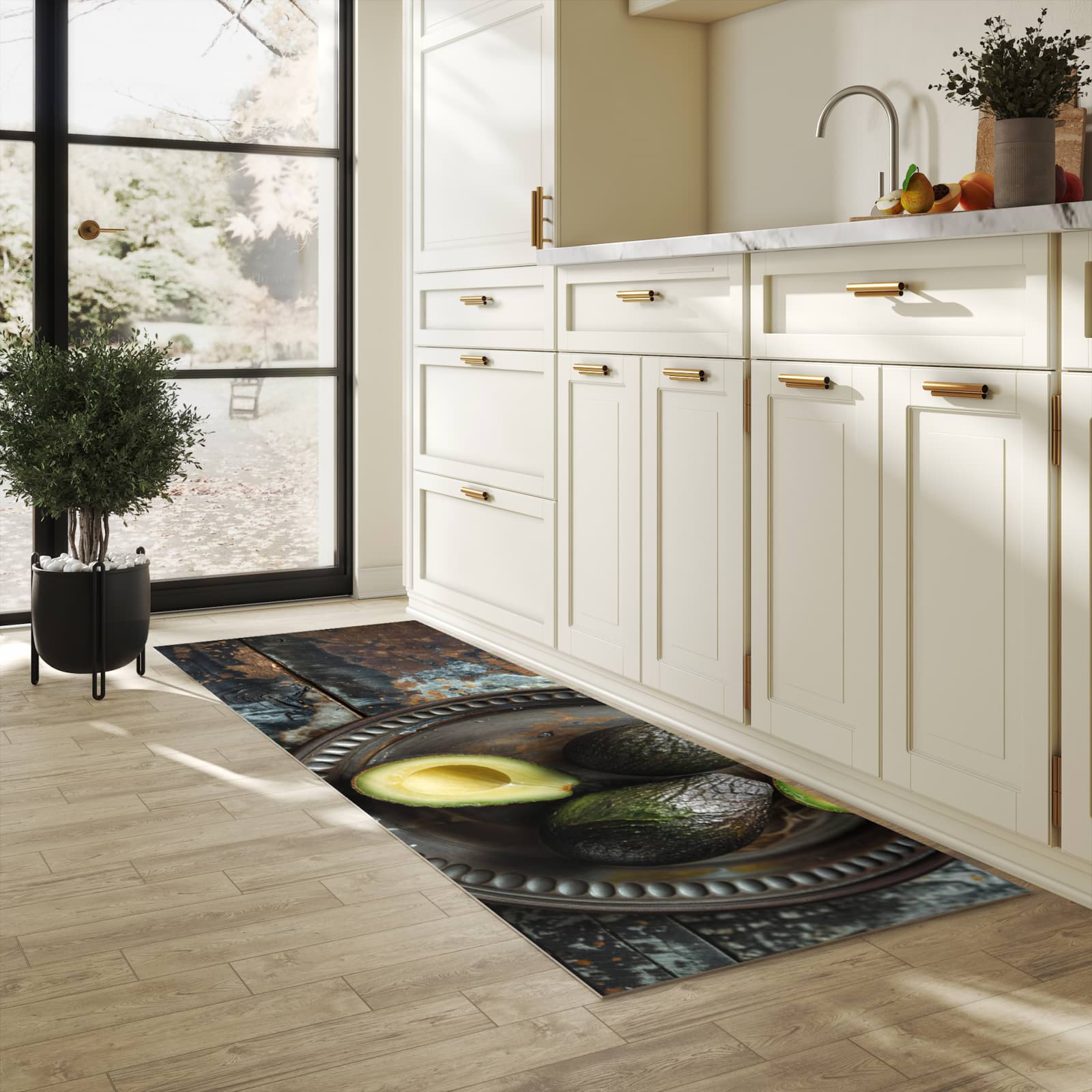 Waschbarer Küchenläufer mit Motiv Avocados Holzteller in heller Küche für angenehme Haptik