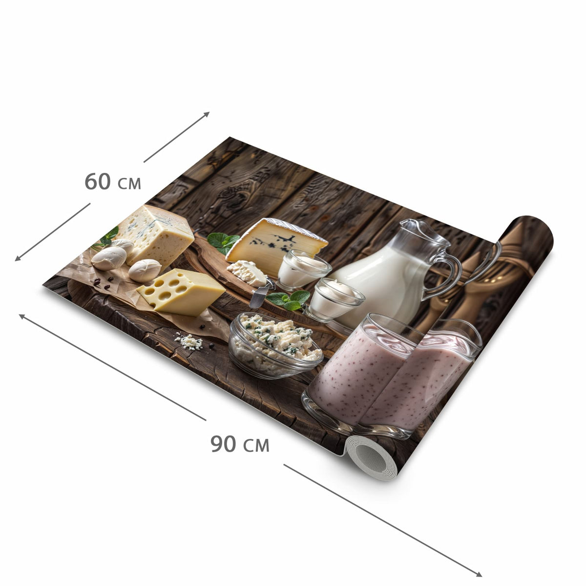 Formstabiler abwaschbarer Küchenteppich mit Motiv Käseplatte mit Milch in der Grösse 60x120 cm