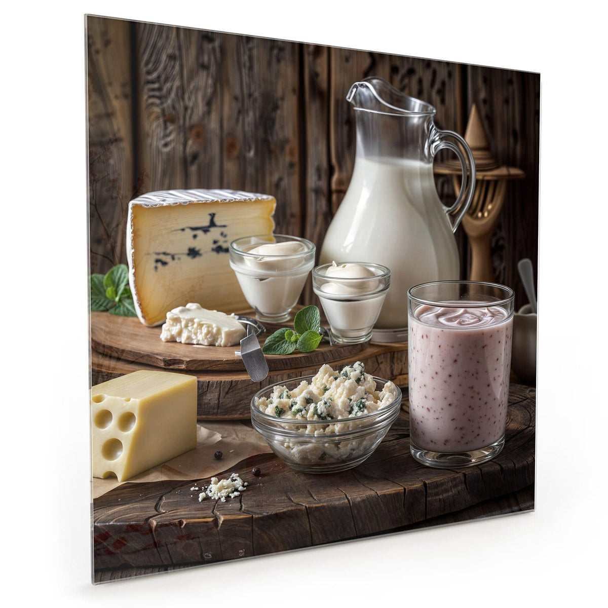 Küchenrückwand aus Glas im quadratischen Format: Käsestücke auf Brett, Milchkrug, Quark und Beerenjoghurt auf rustikalem Holz #grösse_40 x 40 cm #grösse_50 x 50 cm #grösse_60 x 60 cm