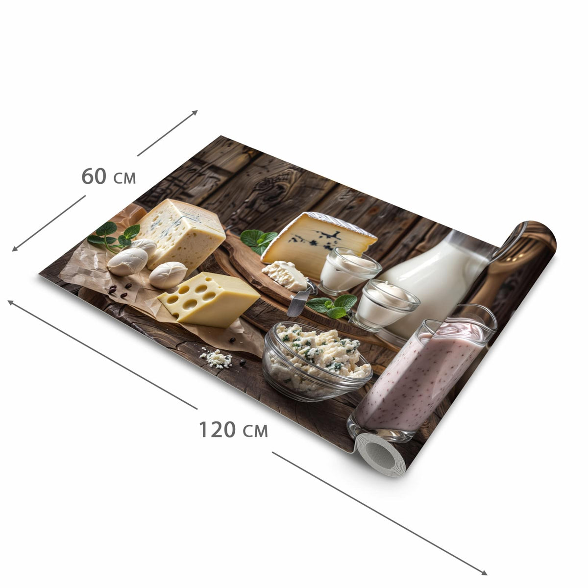 Rutschfester Küchenläufer mit Motiv Käseplatte mit Milch in der Grösse 60x120 cm