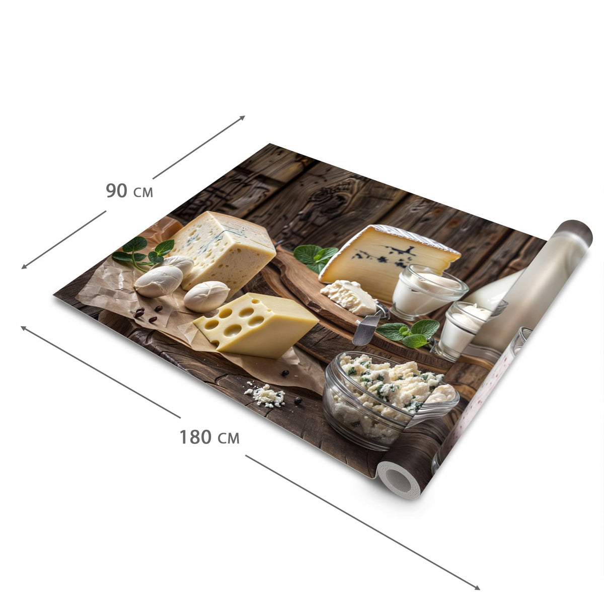 UV-beständiger Küchenteppich mit Motiv Käseplatte mit Milch in der Grösse 60x120 cm