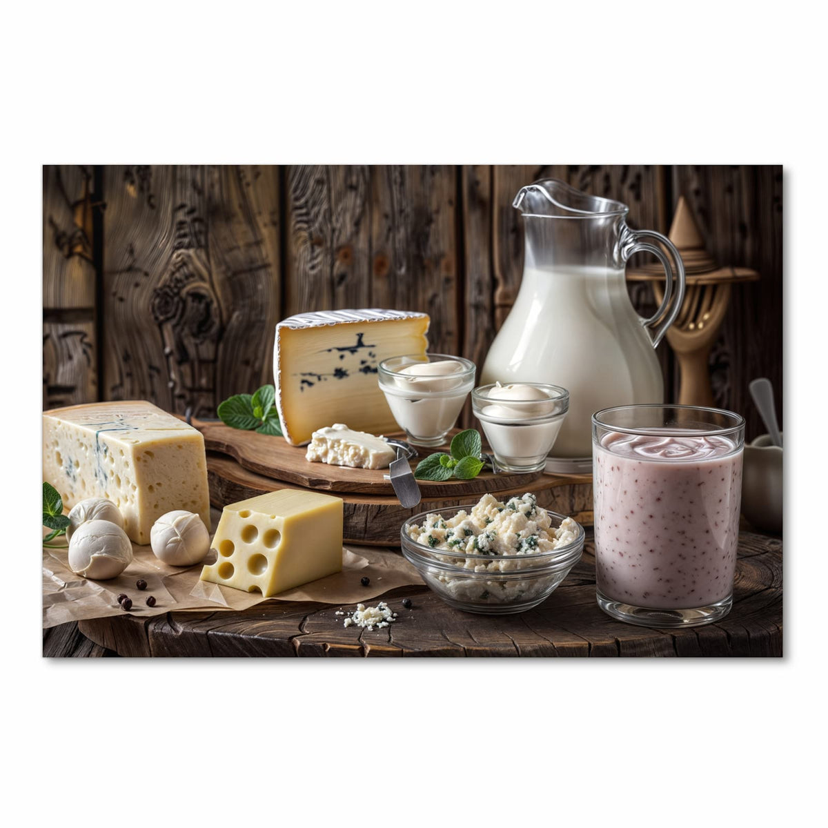 Pflegeleichter Küchenläufer mit Motiv Käseplatte mit Milch in Frontansicht