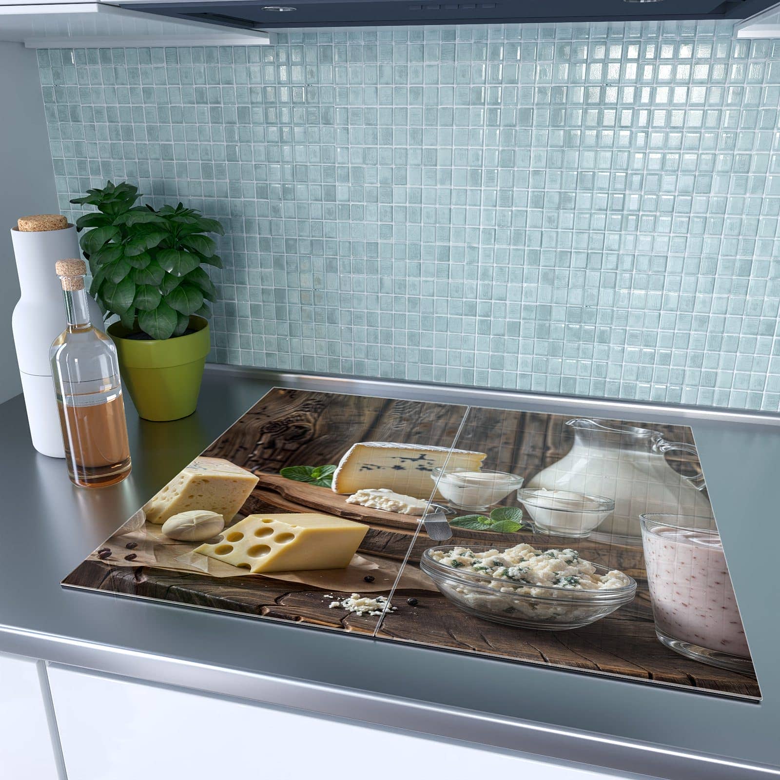 2-teilige Ceranfeld Abdeckplatten mit Käseplatte mit Milch-Motiv auf dem Ceranfeld