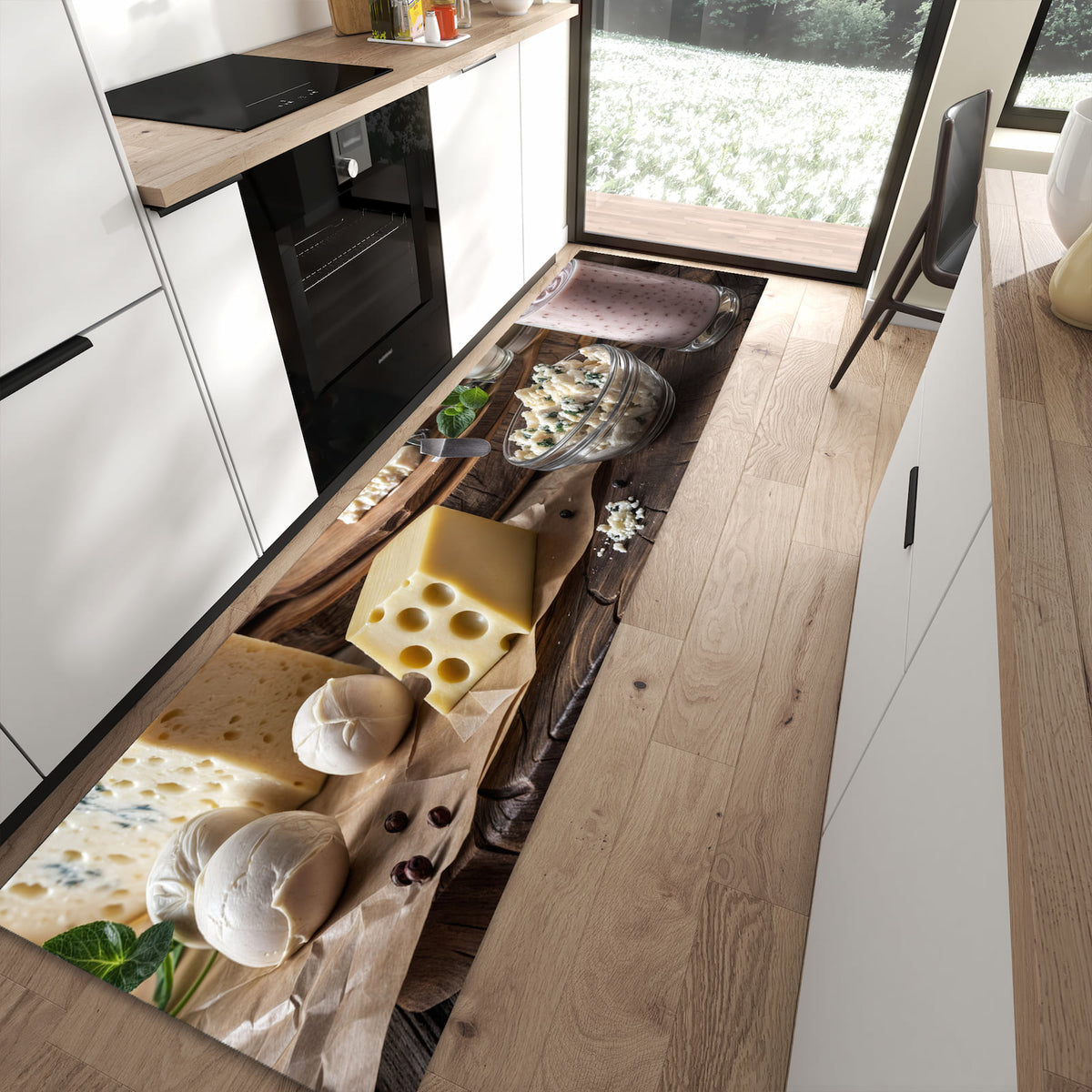 Geräuschdämpfender Küchenteppich mit Motiv Käseplatte mit Milch in moderner Küche