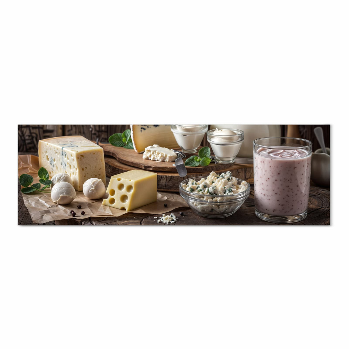 Waschbarer Küchenläufer mit Motiv Käseplatte mit Milch in Frontansicht für angenehme Haptik