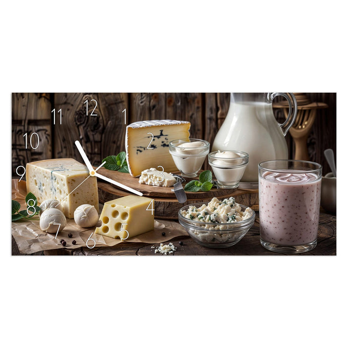 Wanduhr Käseplatte mit Milch aus Glas – Querformat 60 × 30 cm mit Ziffernblatt Elegant