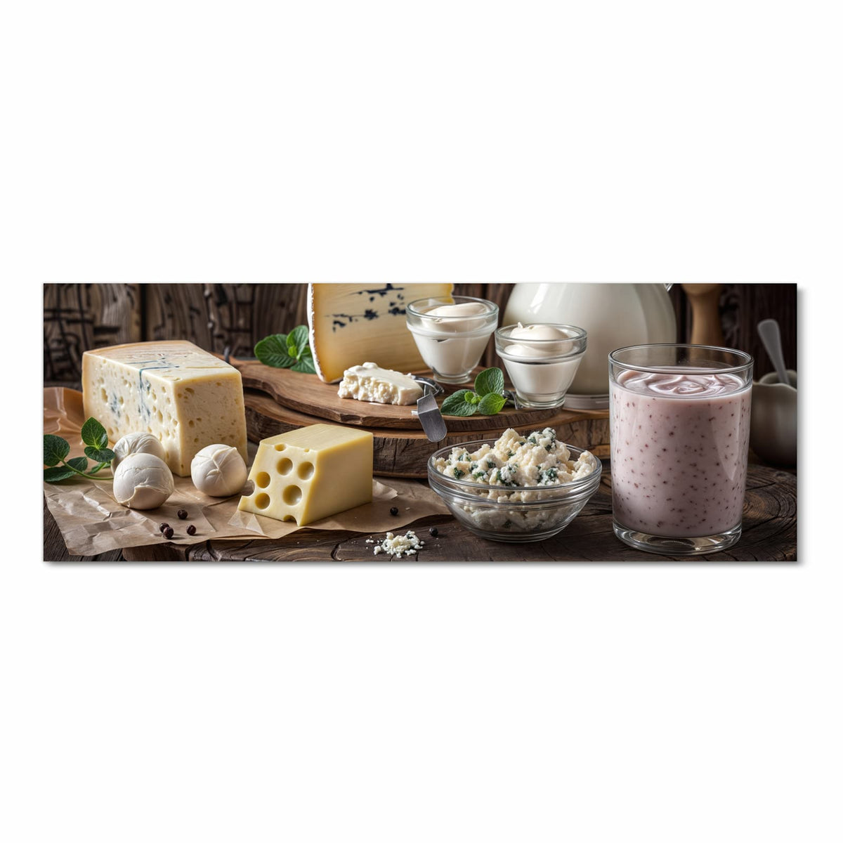 Waschbarer rutschfester Küchenläufer mit Motiv Käseplatte mit Milch in Frontansicht