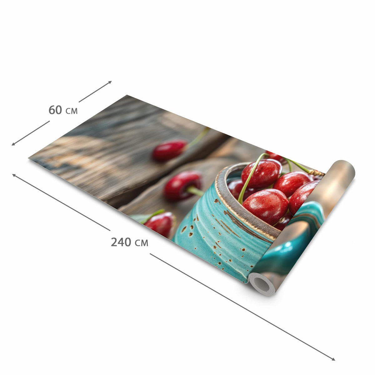Flacher großer Küchenteppich mit Motiv Tasse mit Kirschen in der Größe 60x120 cm