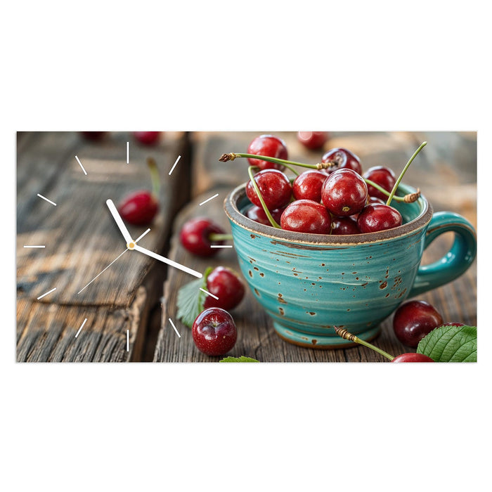Wanduhr Tasse mit Kirschen aus Glas – Querformat 60 × 30 cm mit Ziffernblatt Linie