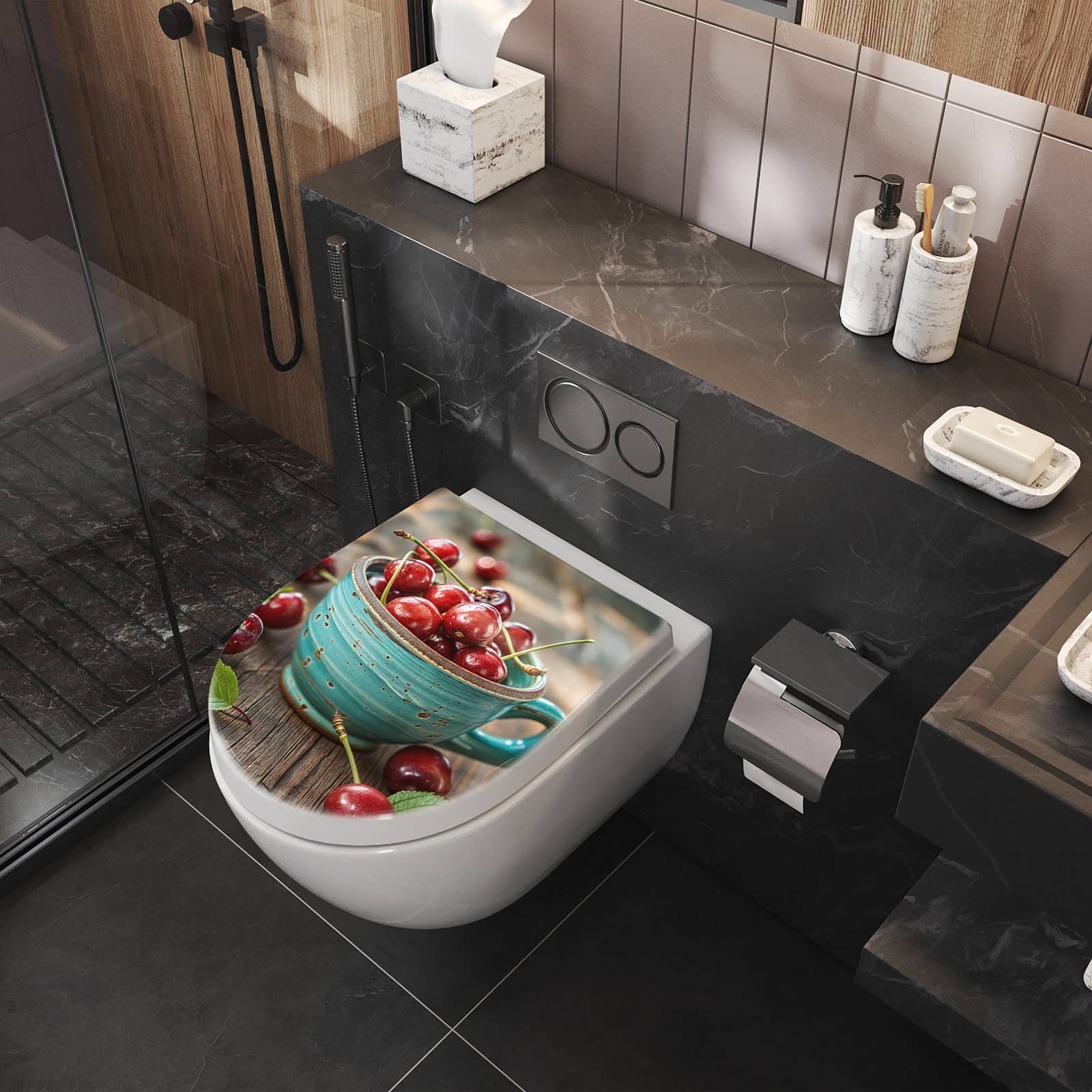 WC-Sitz mit Absenkautomatik Tasse mit Kirschen