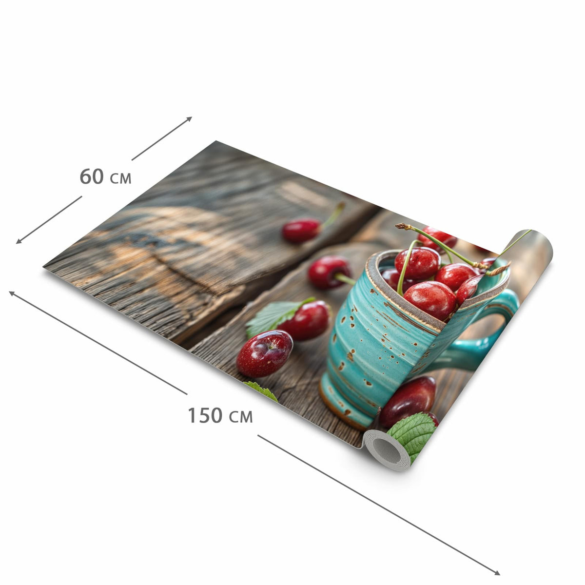 Geruchsneutraler Küchenteppich mit Motiv Tasse mit Kirschen in der Grösse 60x120 cm zum Waschen