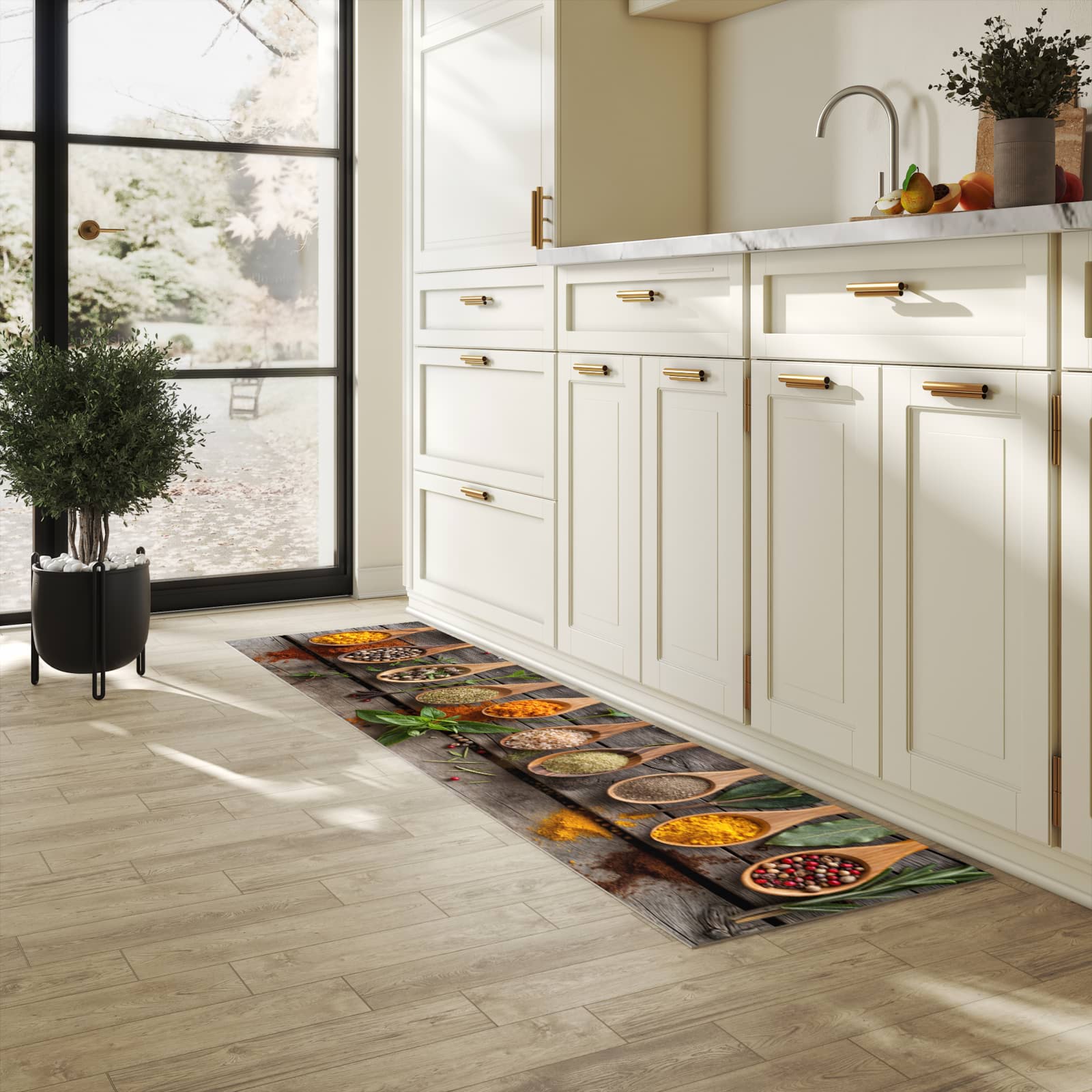 Waschbarer Küchenteppich mit Motiv Sanfte Küchengewürze in heller Küche