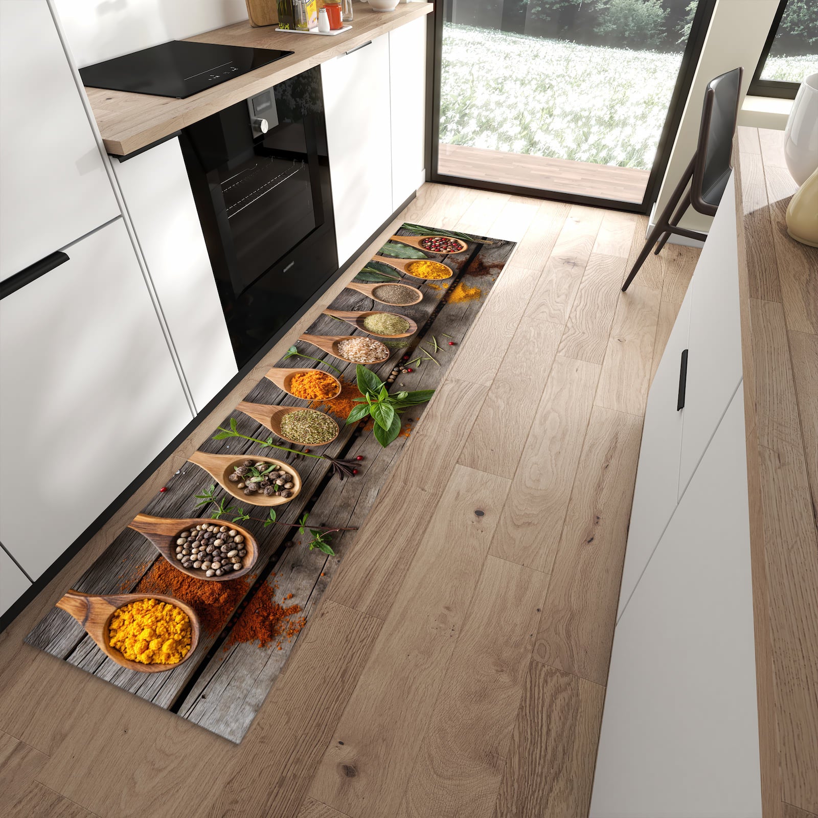 Bodenschonender rutschfester Läufer mit Motiv Sanfte Küchengewürze in moderner Küche