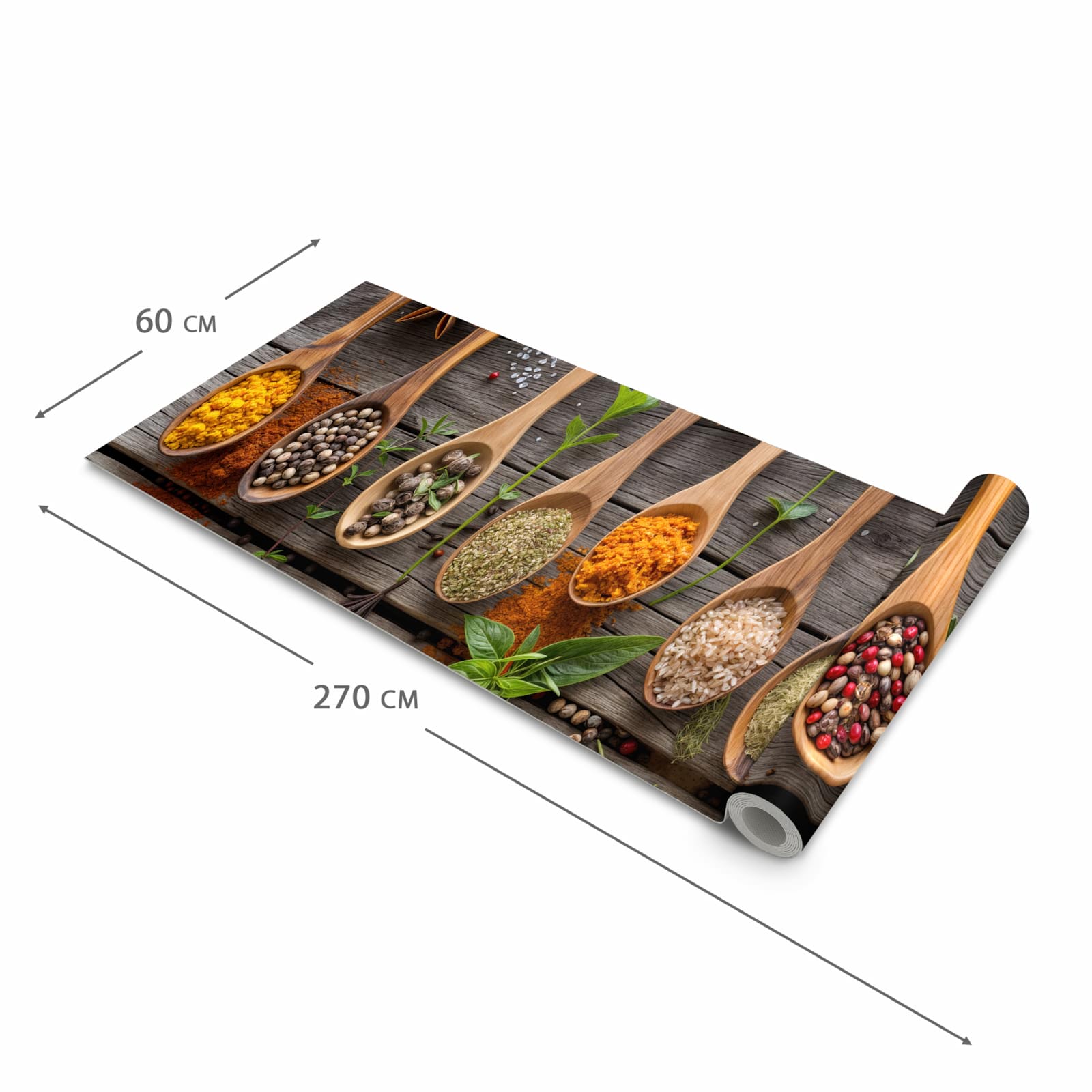 Bodenschonender großer Küchenteppich mit Motiv Sanfte Küchengewürze in der Größe 90x240 cm