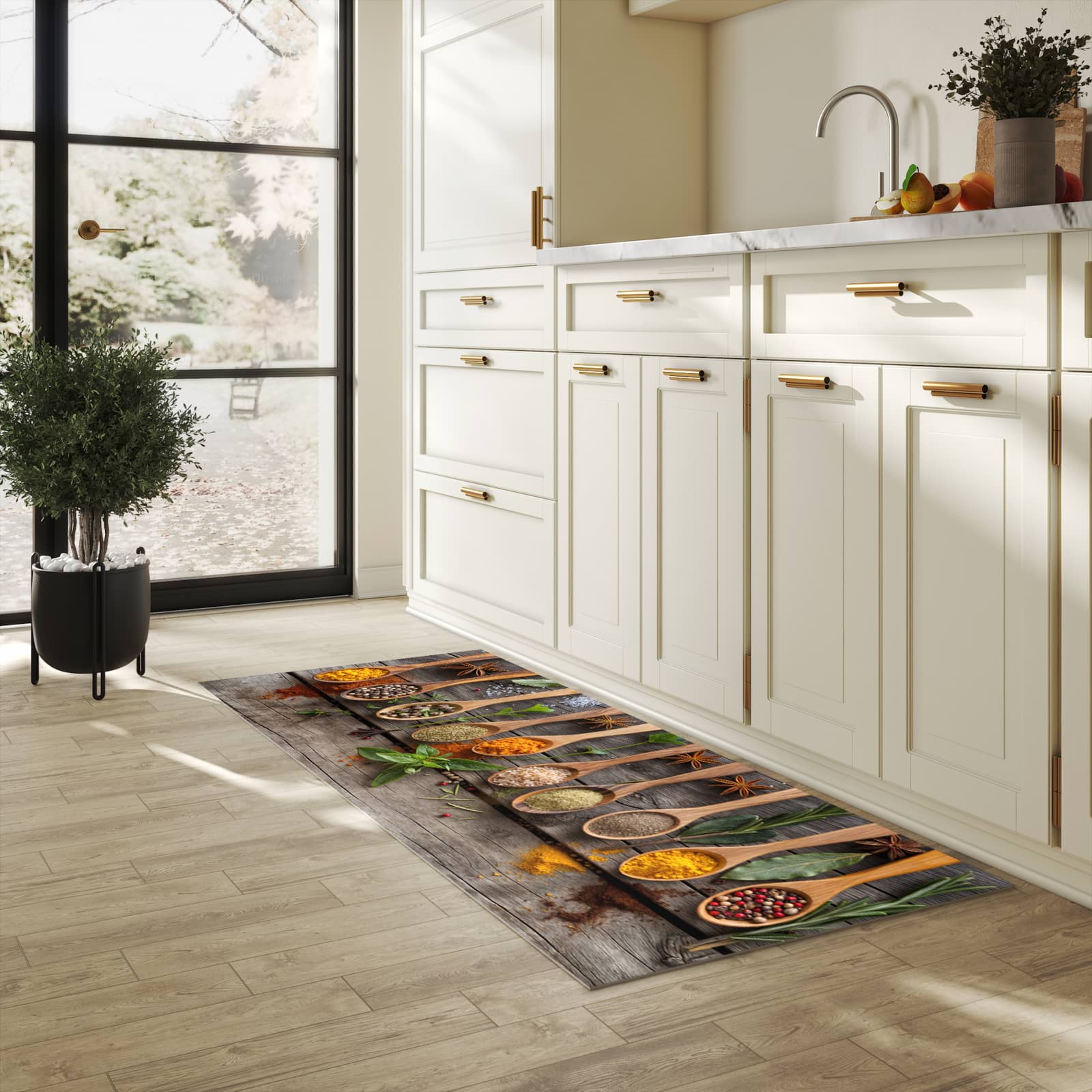 UV-beständiger Küchenläufer mit Motiv Sanfte Küchengewürze in heller Küche