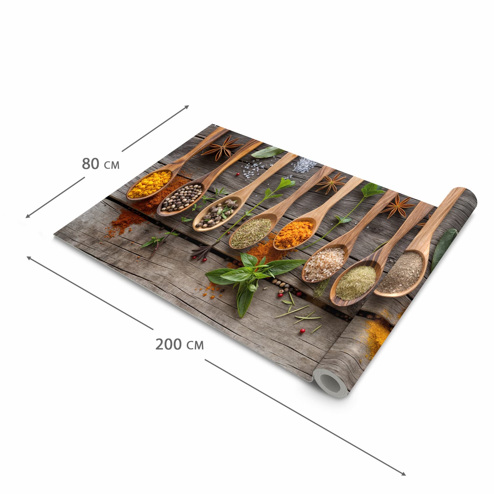 Küchenteppich mit Motiv Sanfte Küchengewürze in der Grösse 90x240 cm für sicheres Aufbewahren