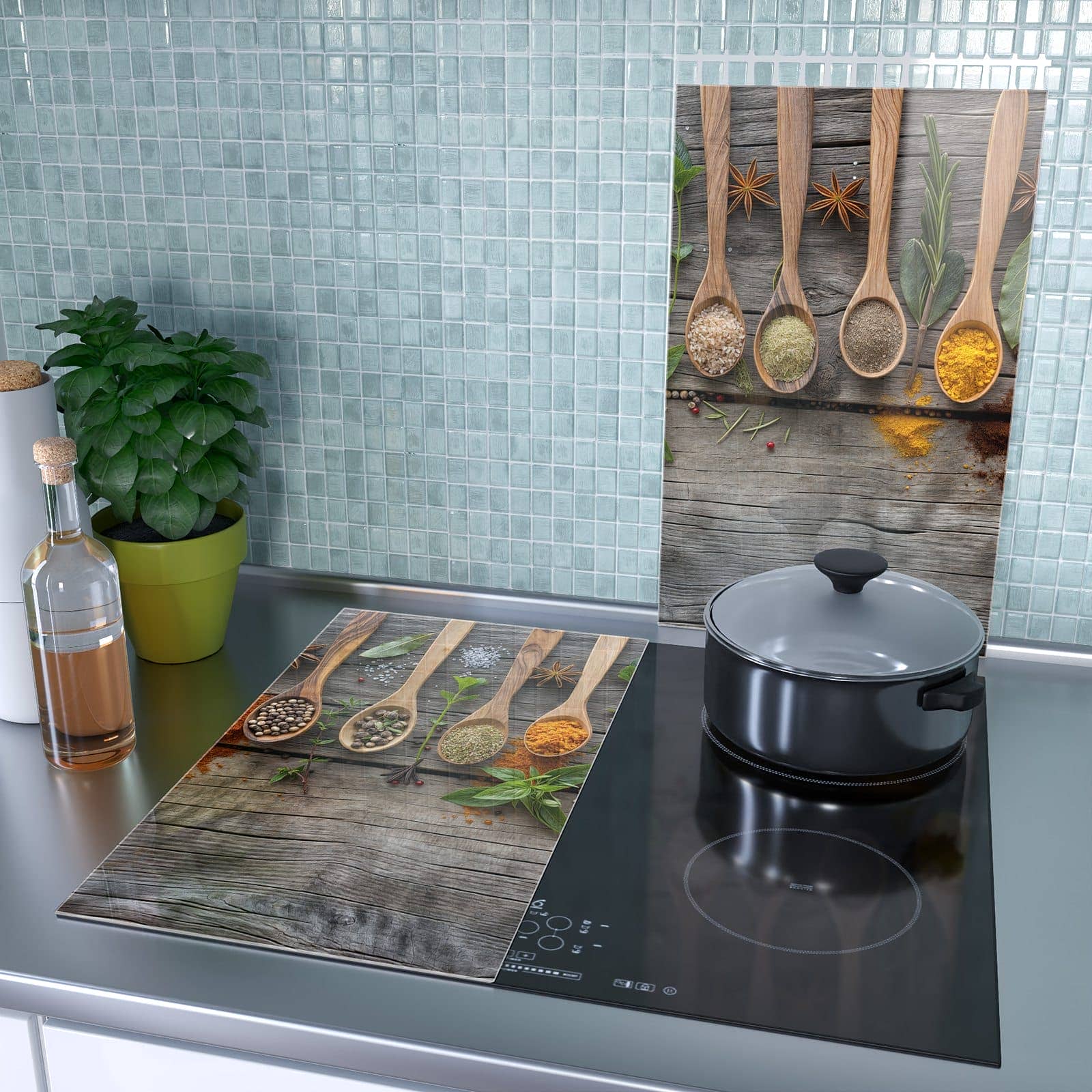 2-teilige Herdabdeckplatten mit Sanfte Küchengewürze-Motiv als Spritzschutz hinter dem Kochfeld