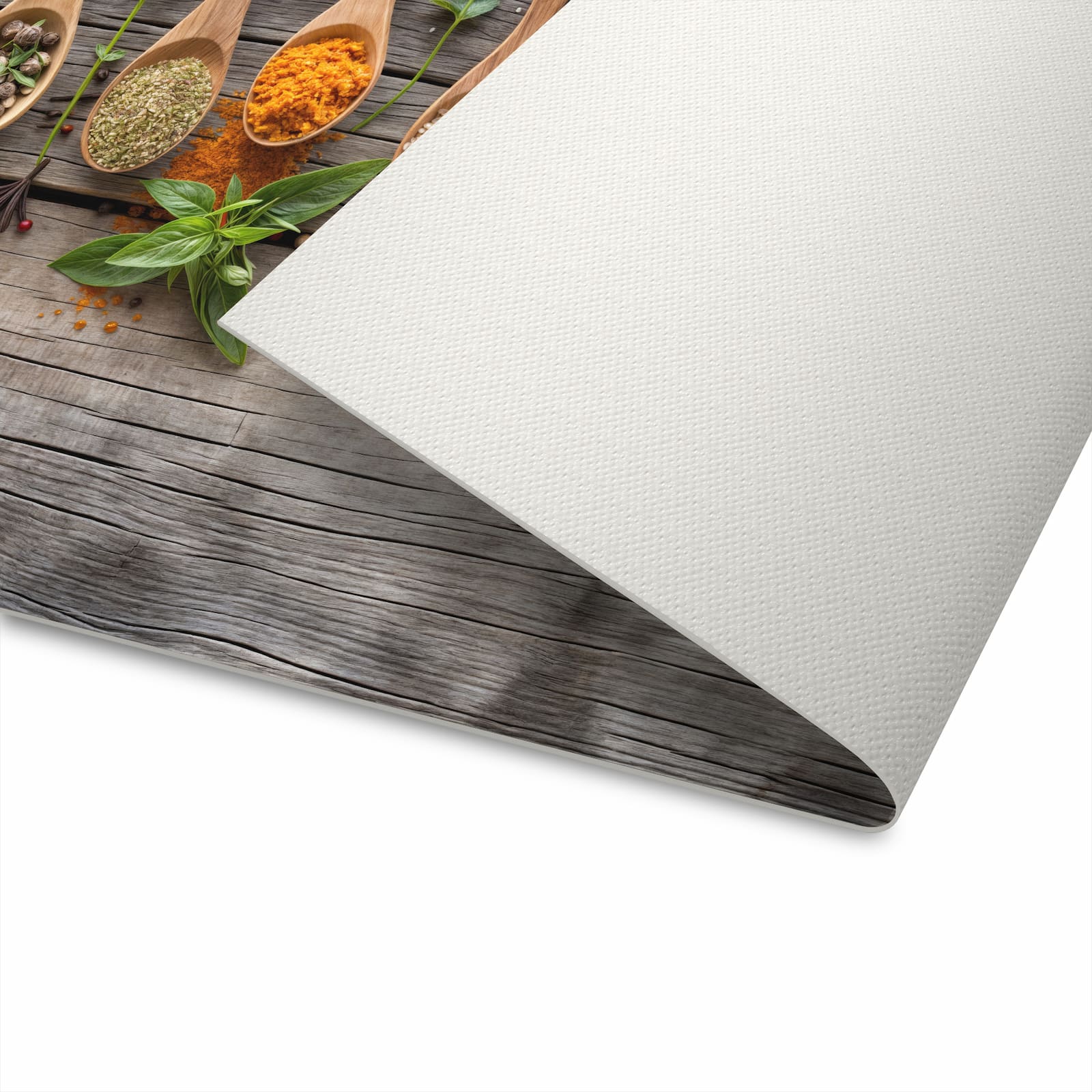 Fleckenresistenter Küchenteppich mit Motiv Sanfte Küchengewürze auf Unterseite