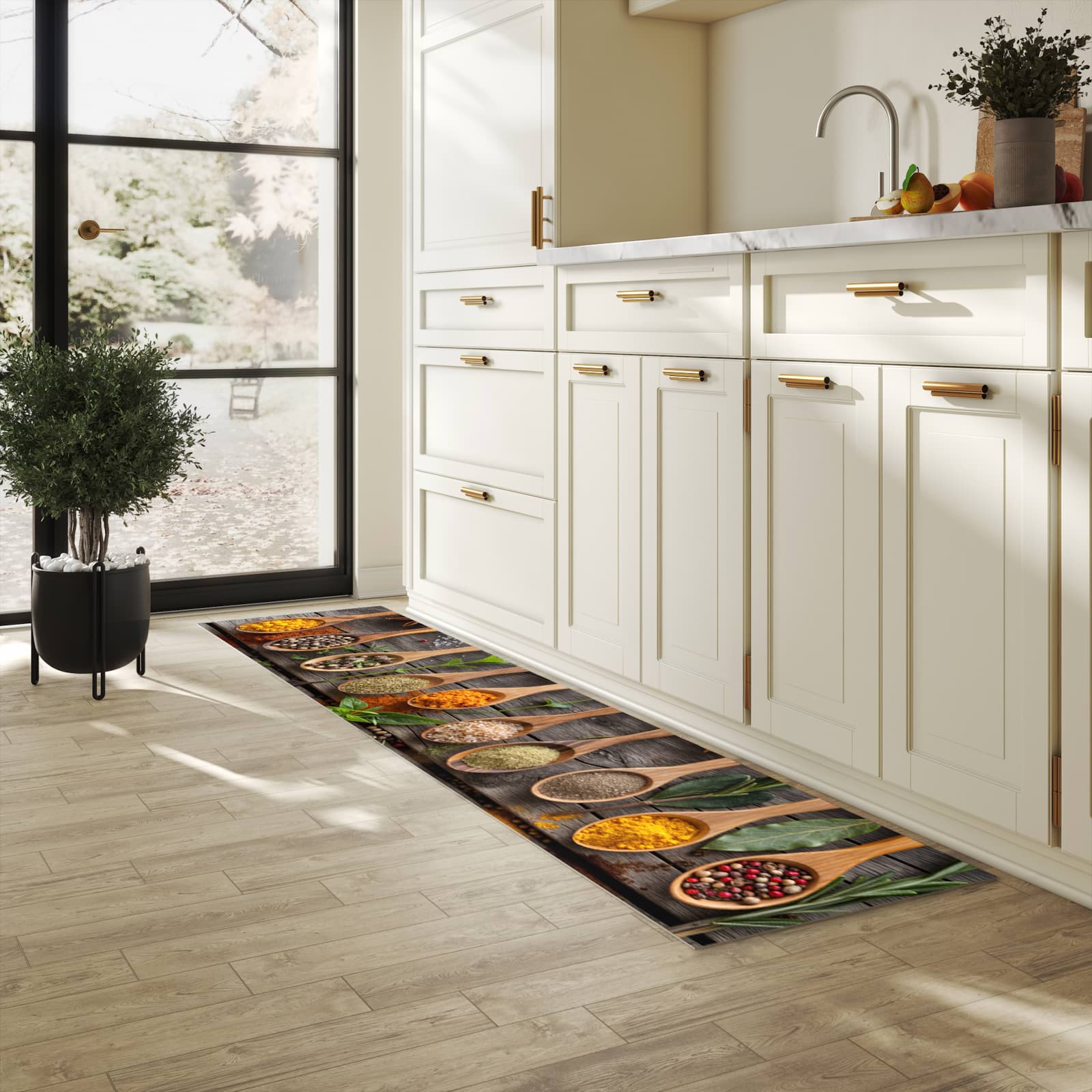 Langlebiger Küchenteppich mit Motiv Sanfte Küchengewürze in heller Küche