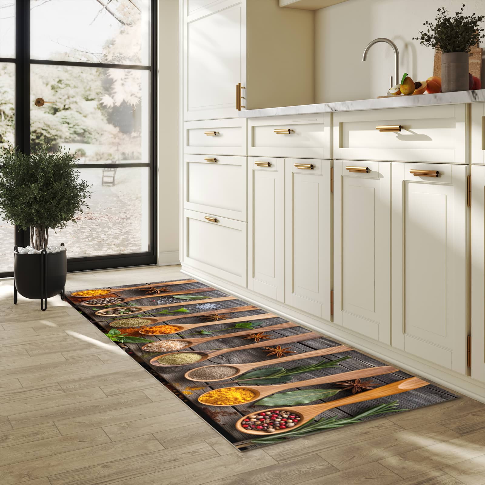 Geruchsneutraler Küchenläufer mit Motiv Sanfte Küchengewürze in heller Küche