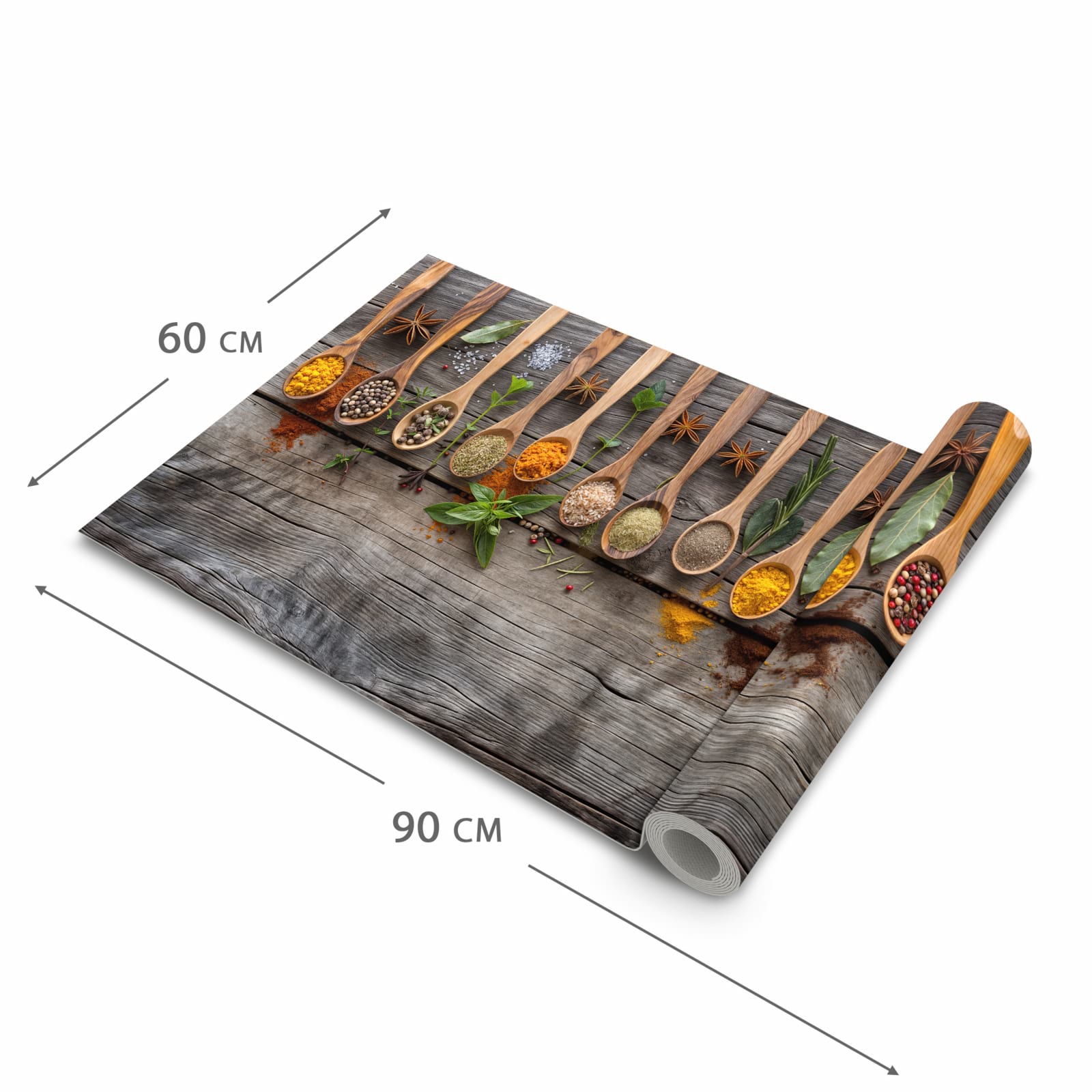 Formstabiler waschbarer Küchenteppich mit Motiv Sanfte Küchengewürze in der Grösse 90x240 cm