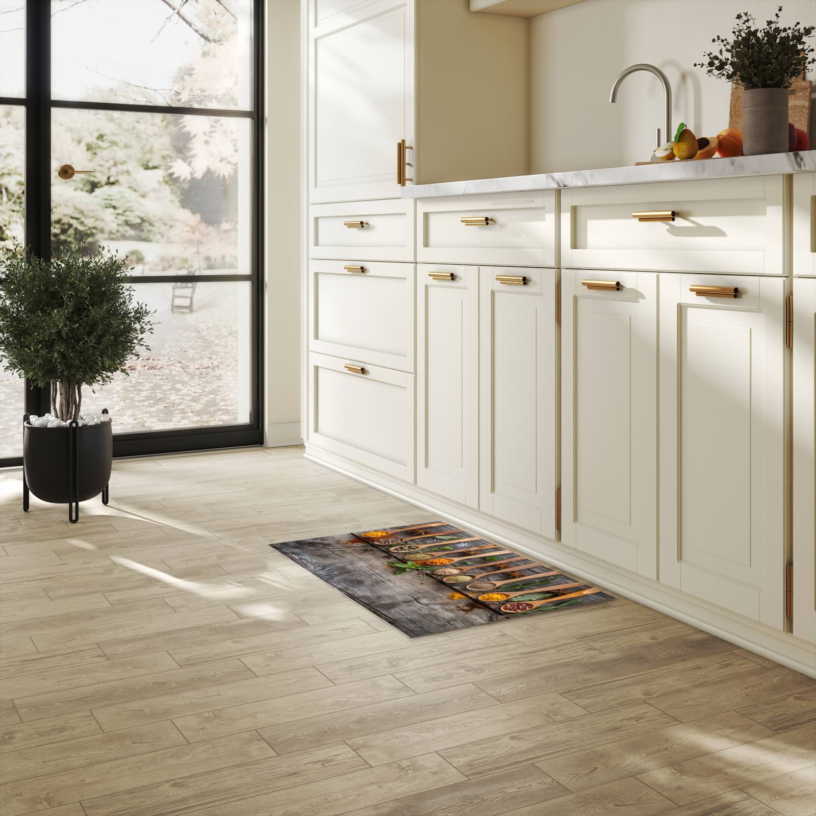 Abriebfester Läufer für die Küche mit Motiv Sanfte Küchengewürze in heller Küche