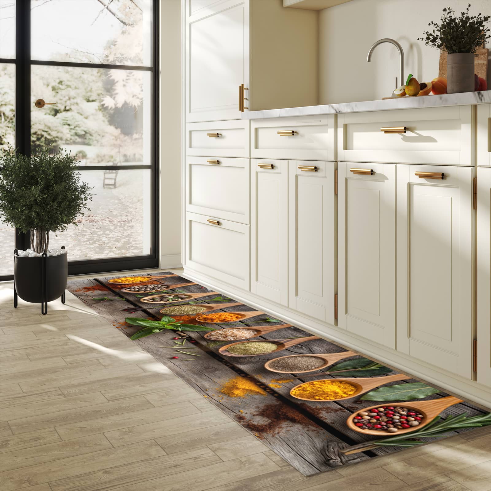 Fleckenresistenter waschbarer Teppich Küche mit Motiv Sanfte Küchengewürze in heller Küche