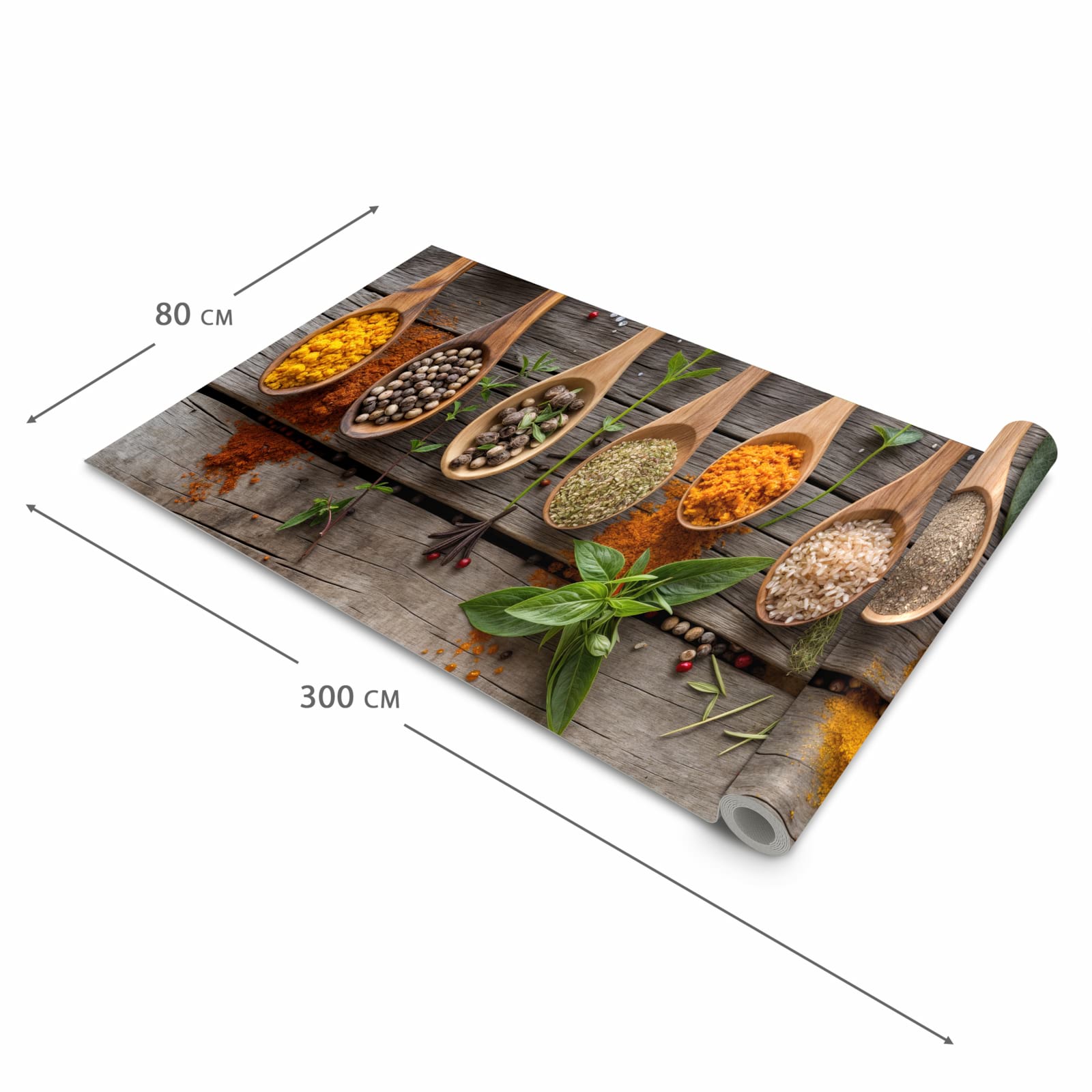 Abriebfester rutschfester Küchenläufer mit Motiv Sanfte Küchengewürze in der Größe 90x240 cm