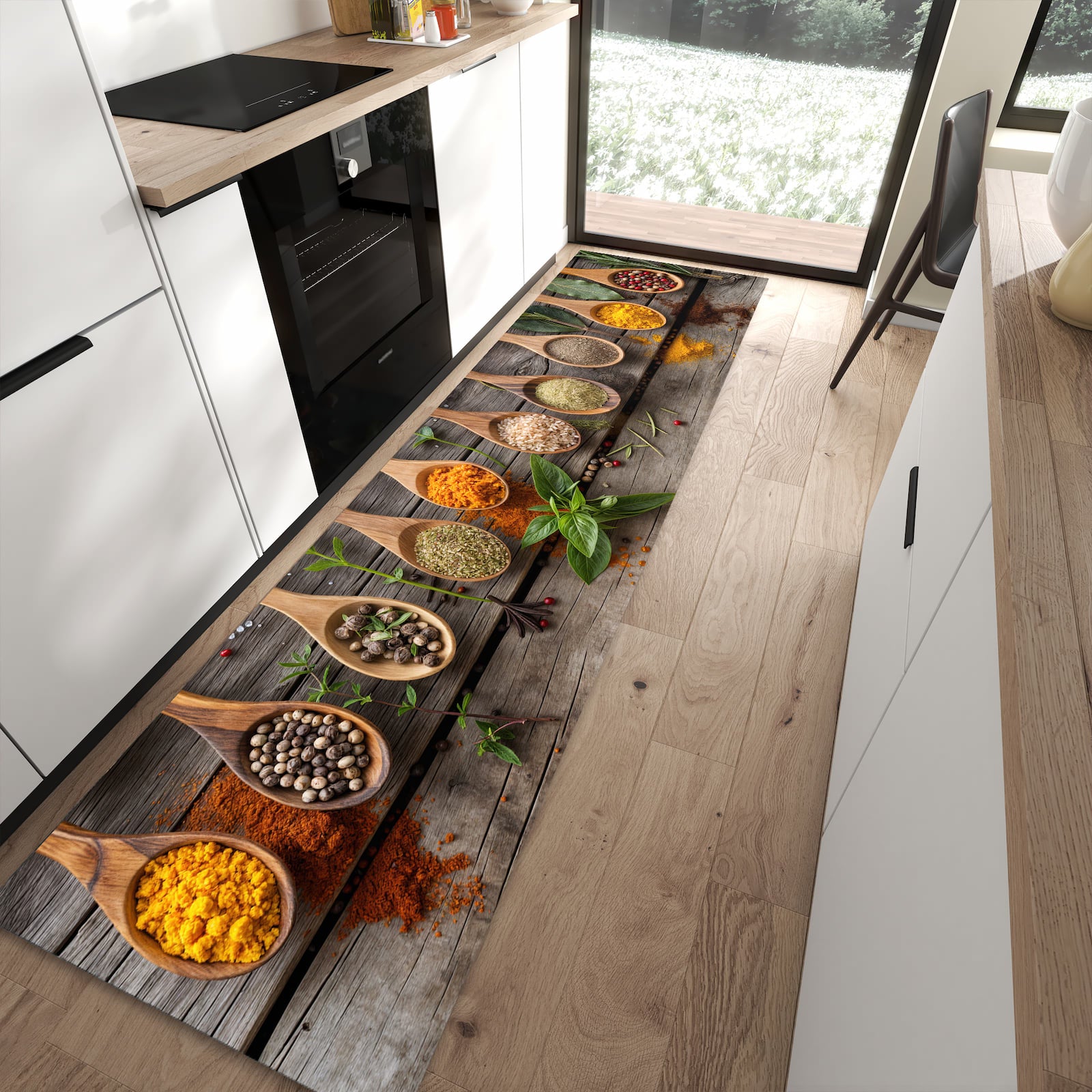 UV-beständiger Bodenläufer mit Motiv Sanfte Küchengewürze in moderner Küche