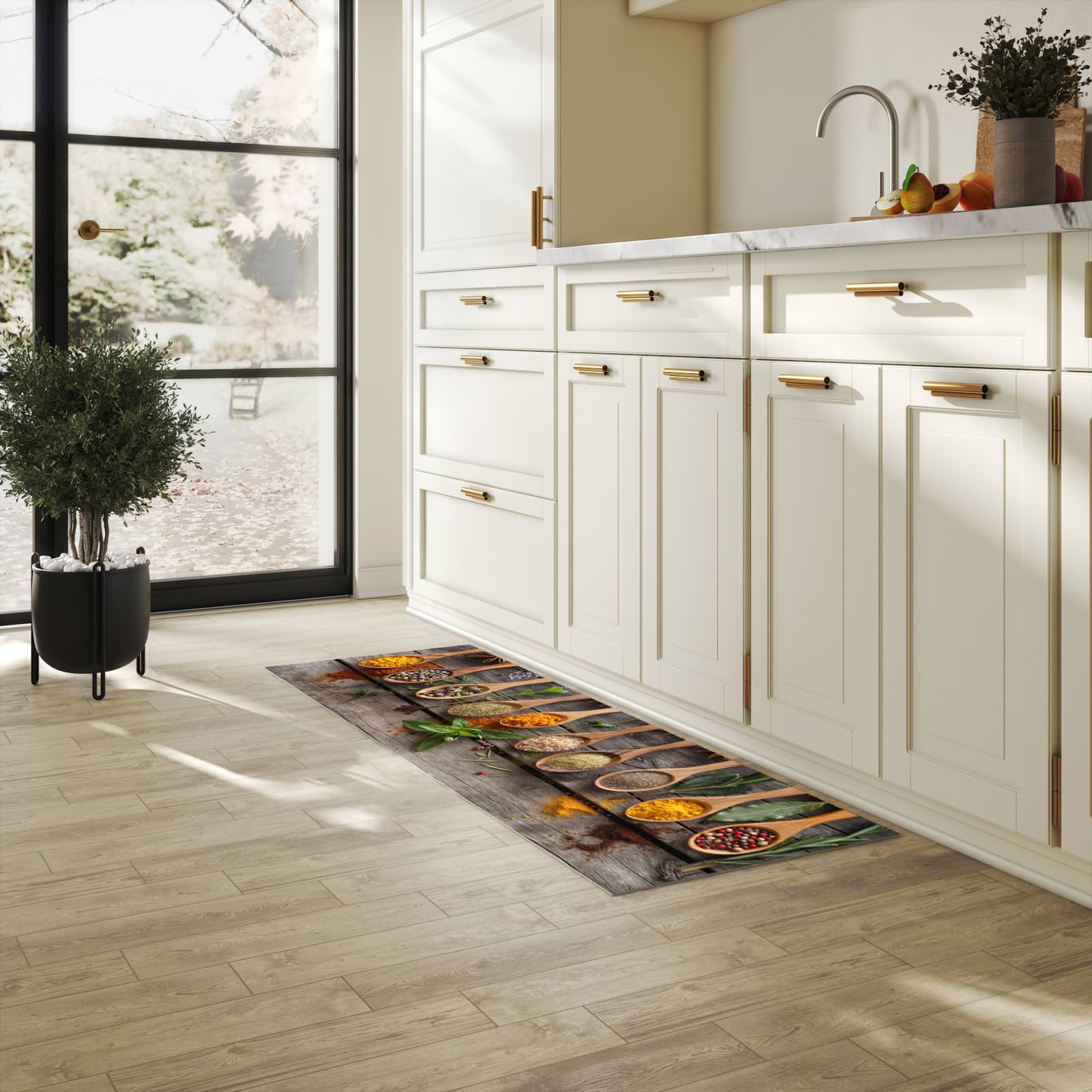 Strapazierfähiger Küchenteppich mit Motiv Sanfte Küchengewürze in heller Küche